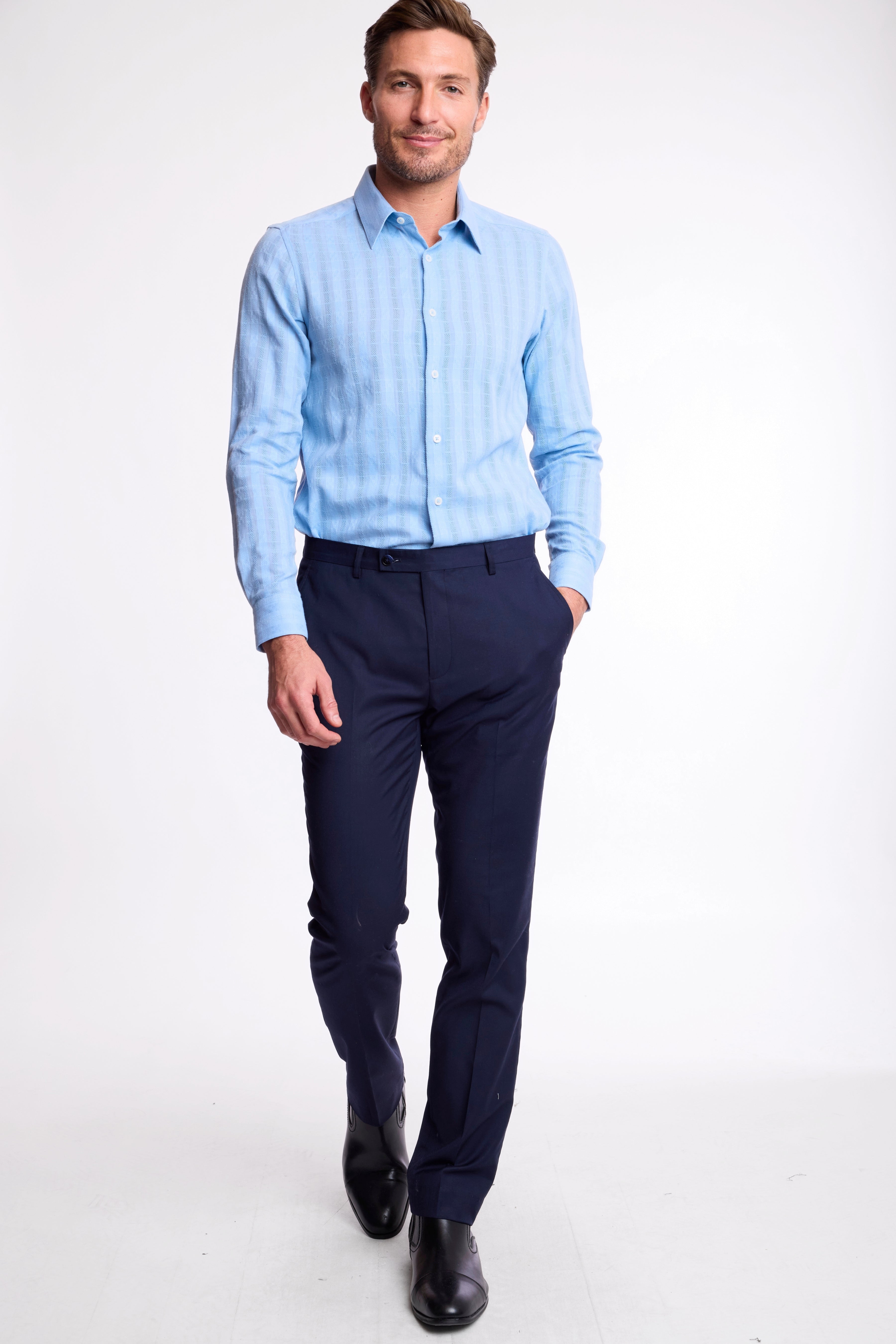 Parker Pointed Collar Shirt - Lt Blue Dobby Stripes