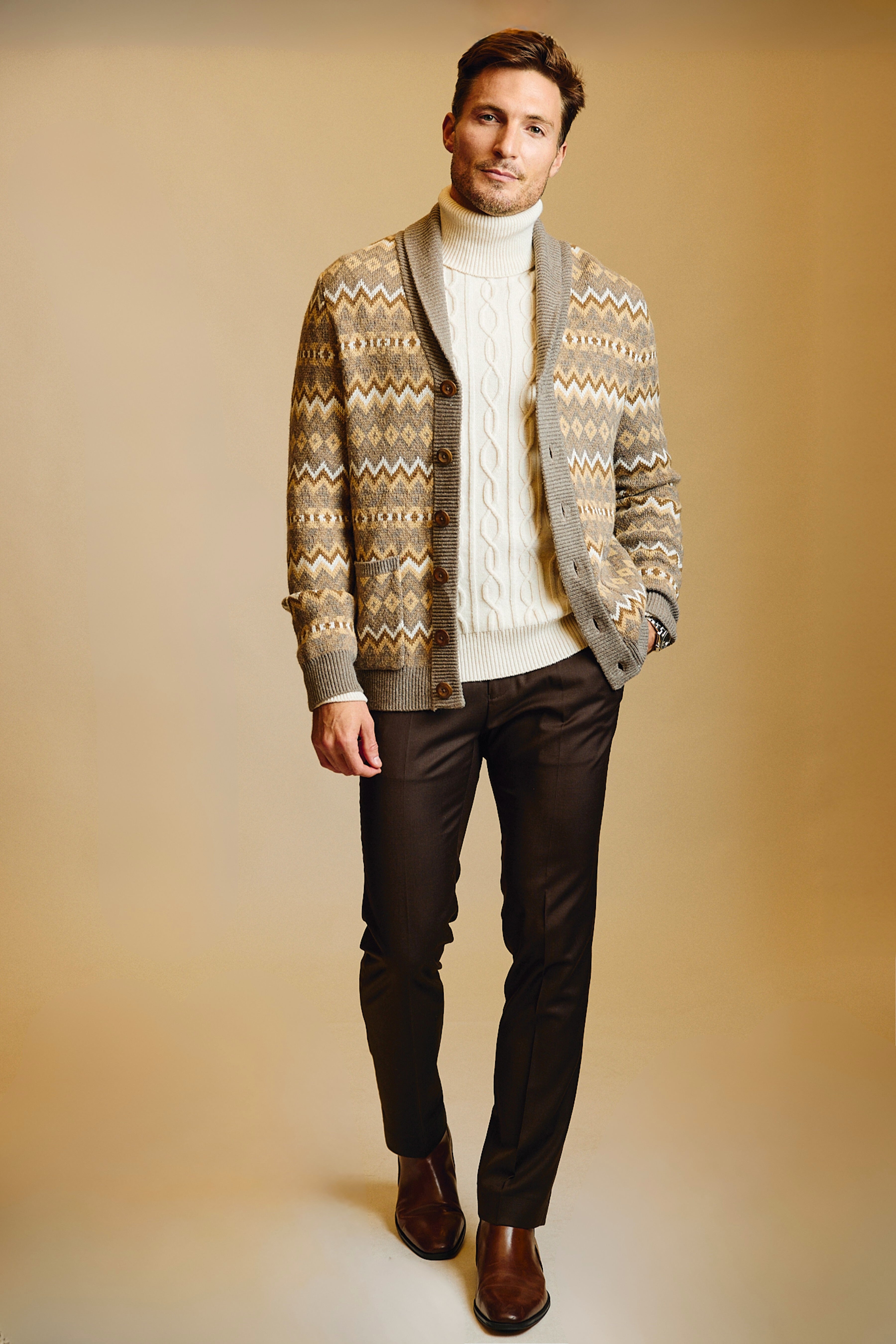 Shawl Collar Cardigan - Caramel Zig Zag