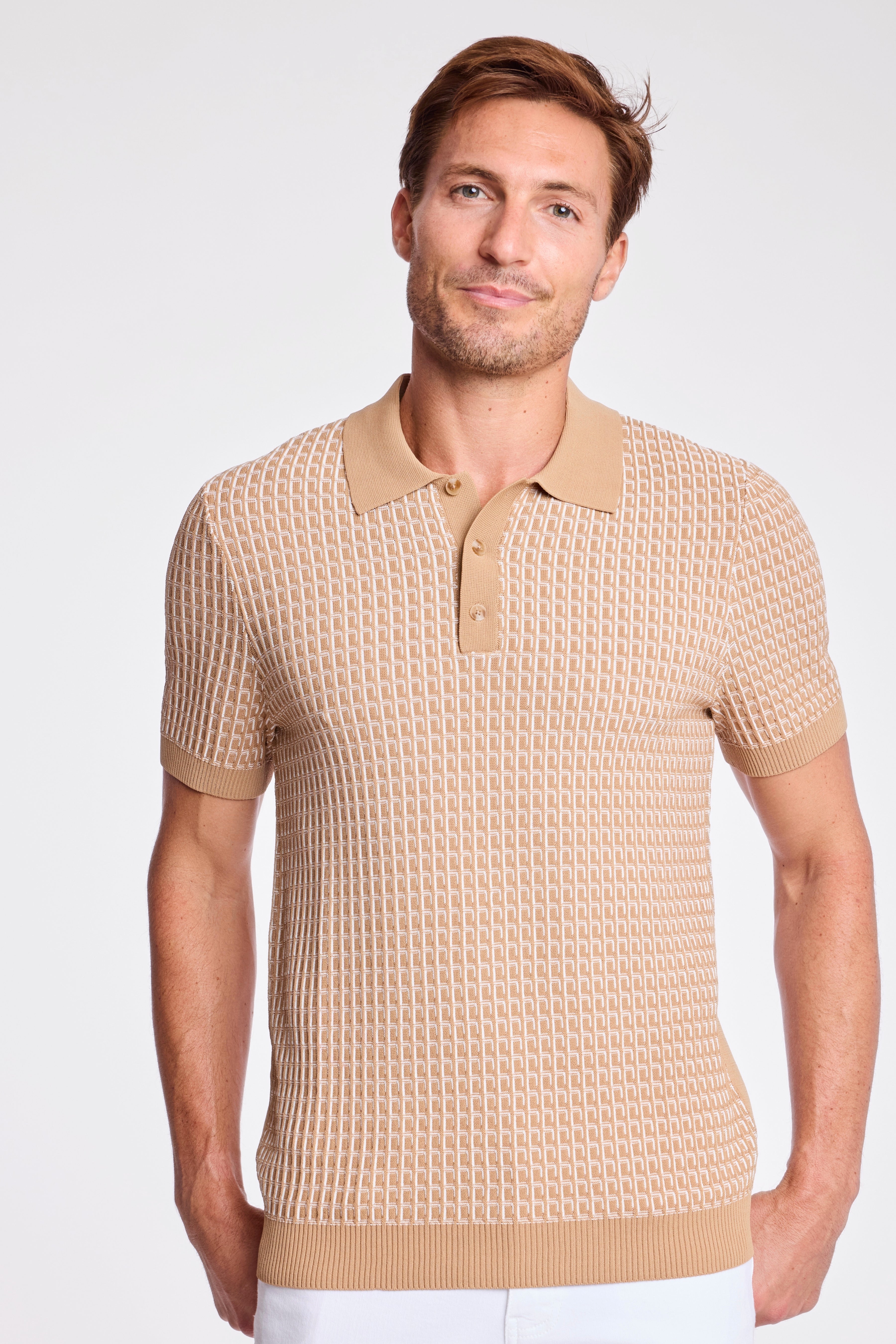 3 Button Polo - Tan & White