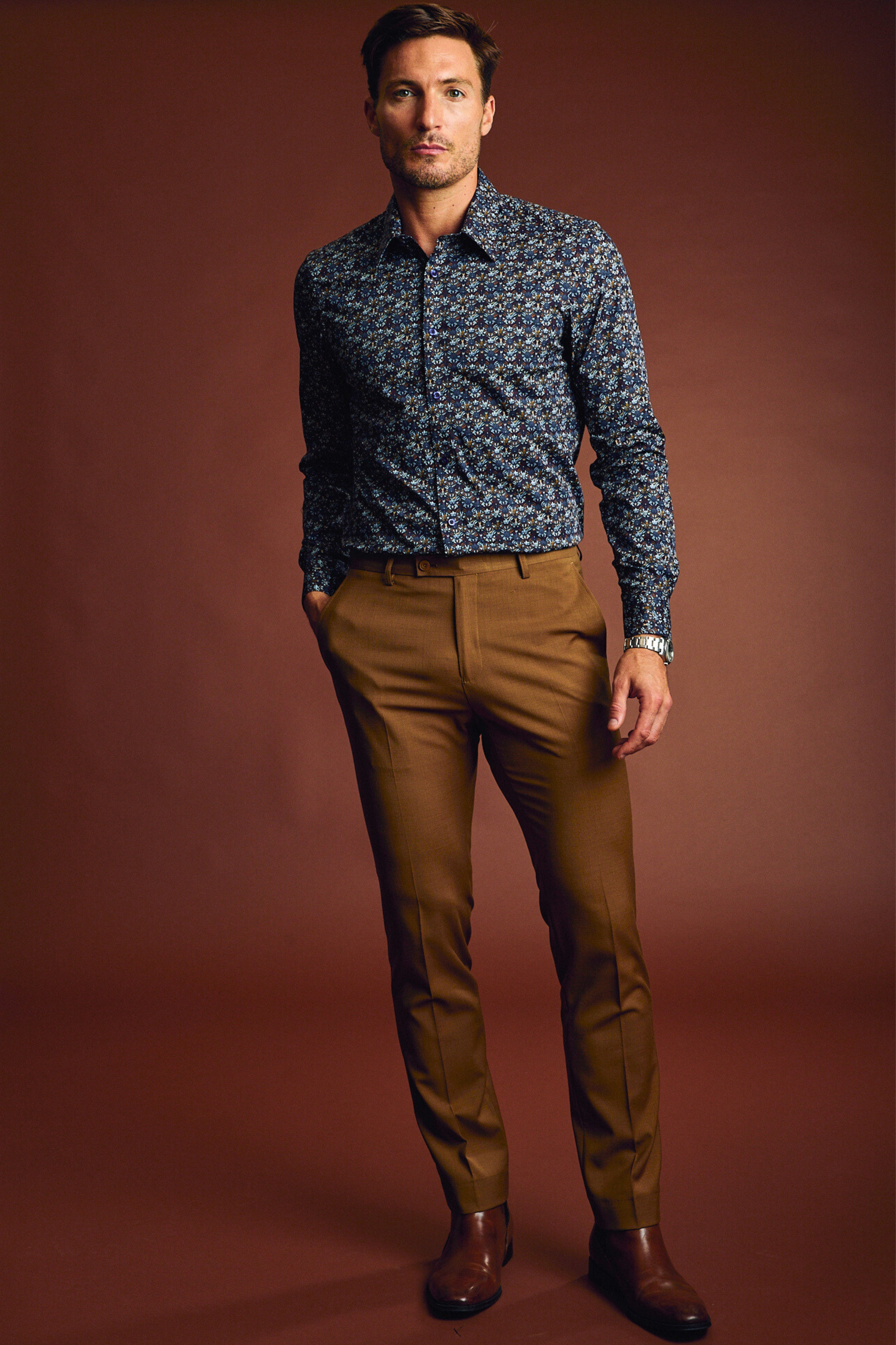 Parker Pointed Collar Shirt - Blue & Burgundy Abstract