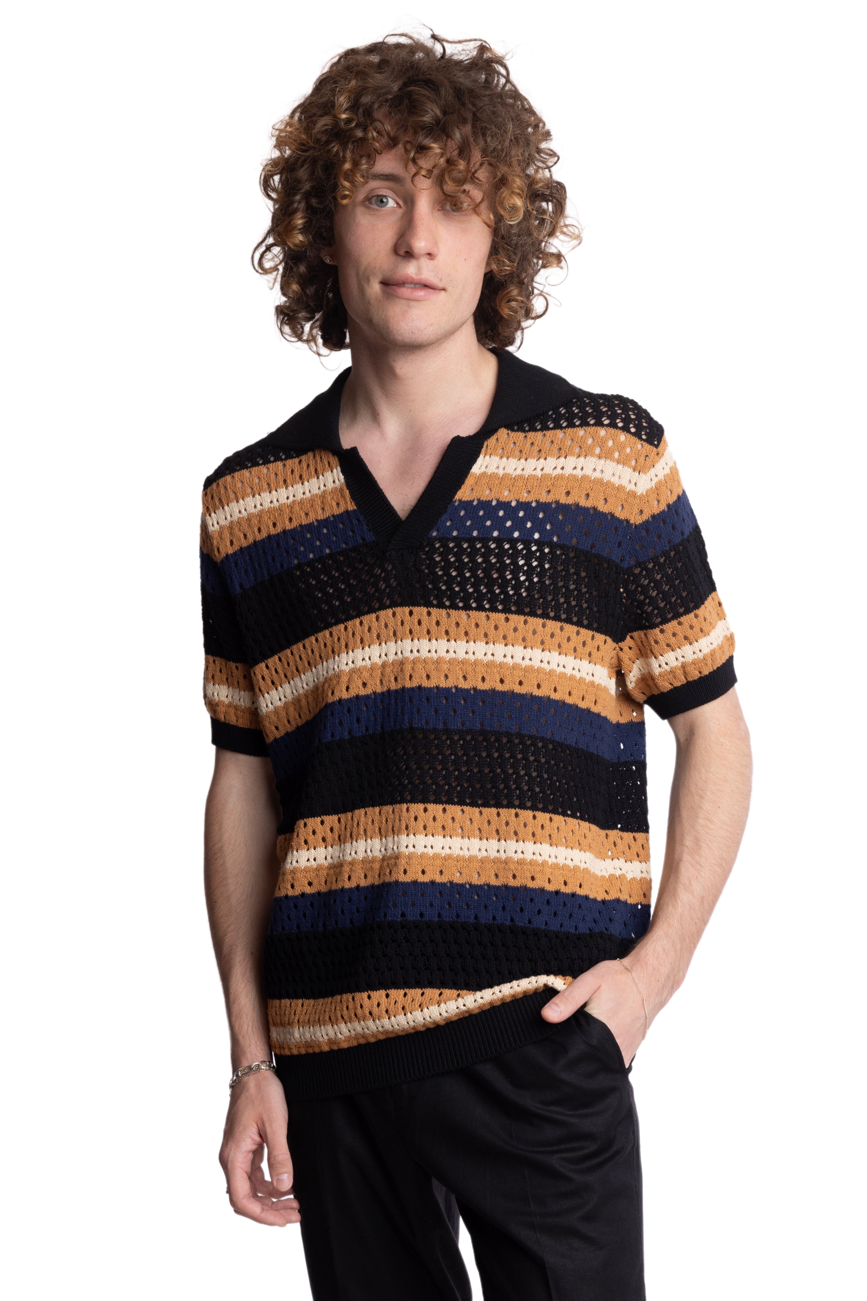 Johnny Collar Crochet Polo - Midnight Black Camel