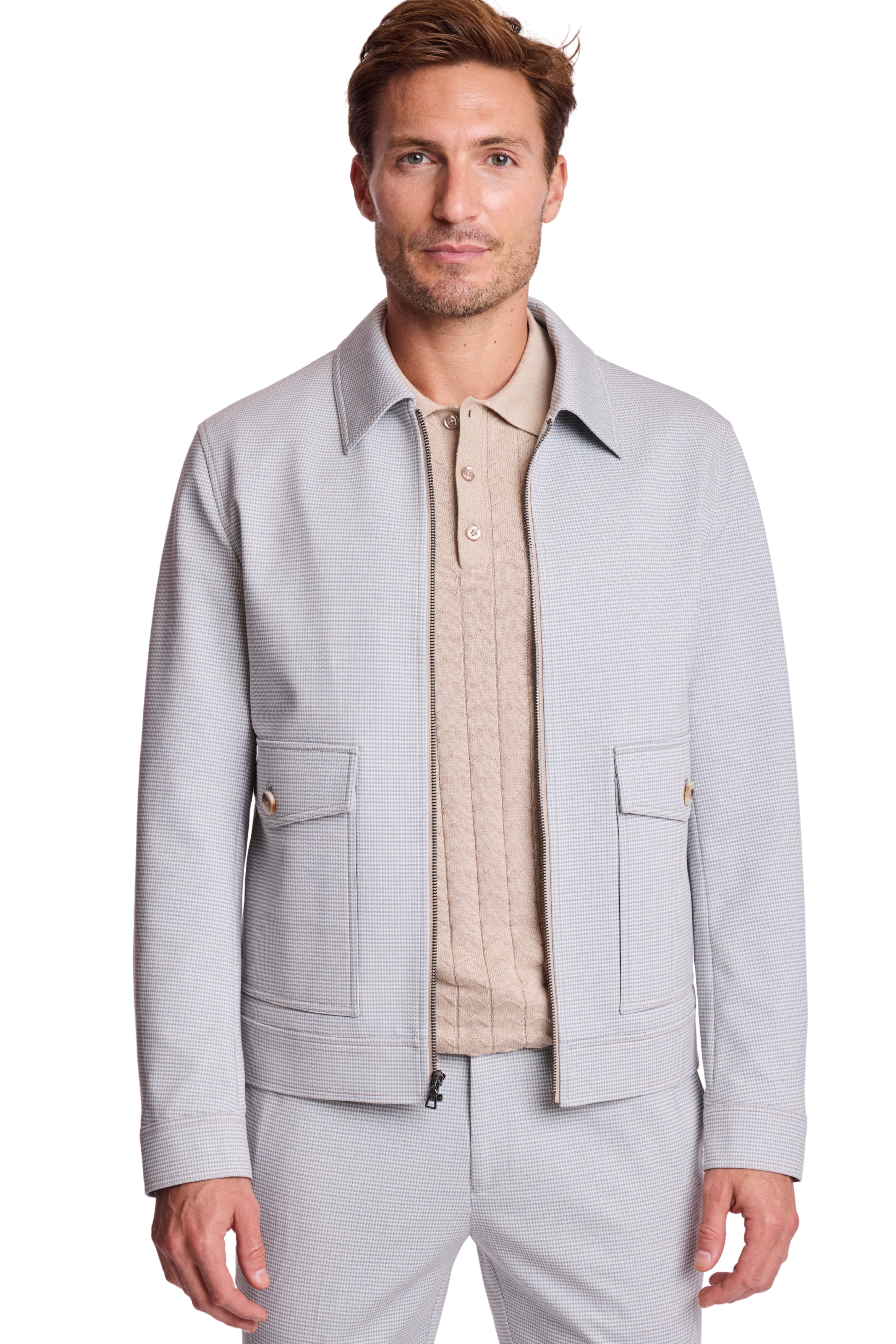 Milo Zip Front Jacket - slim - Steel Puddle Knit Houndstooth