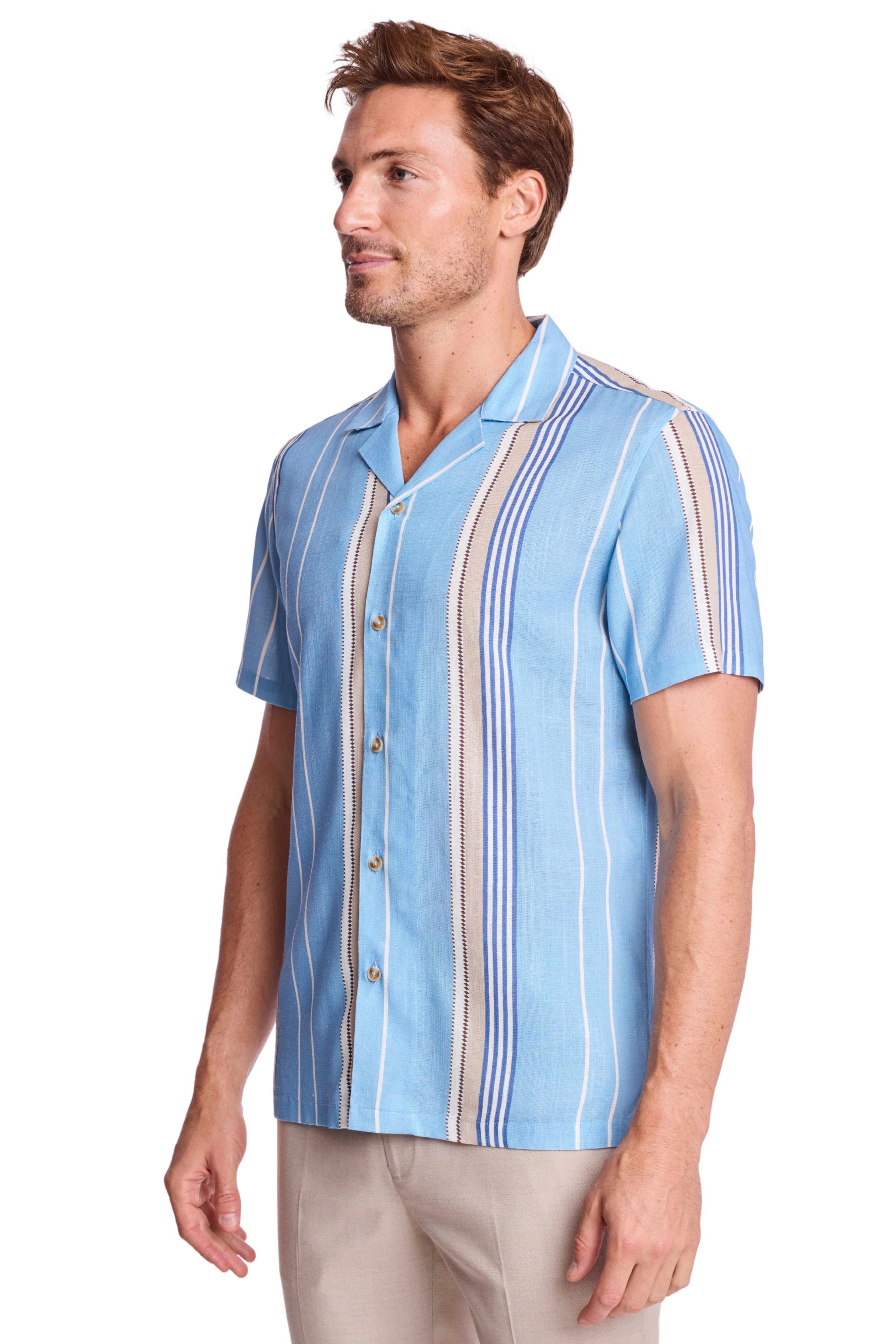 S/S Camp Collar Shirt - Sand & Sky Stripe