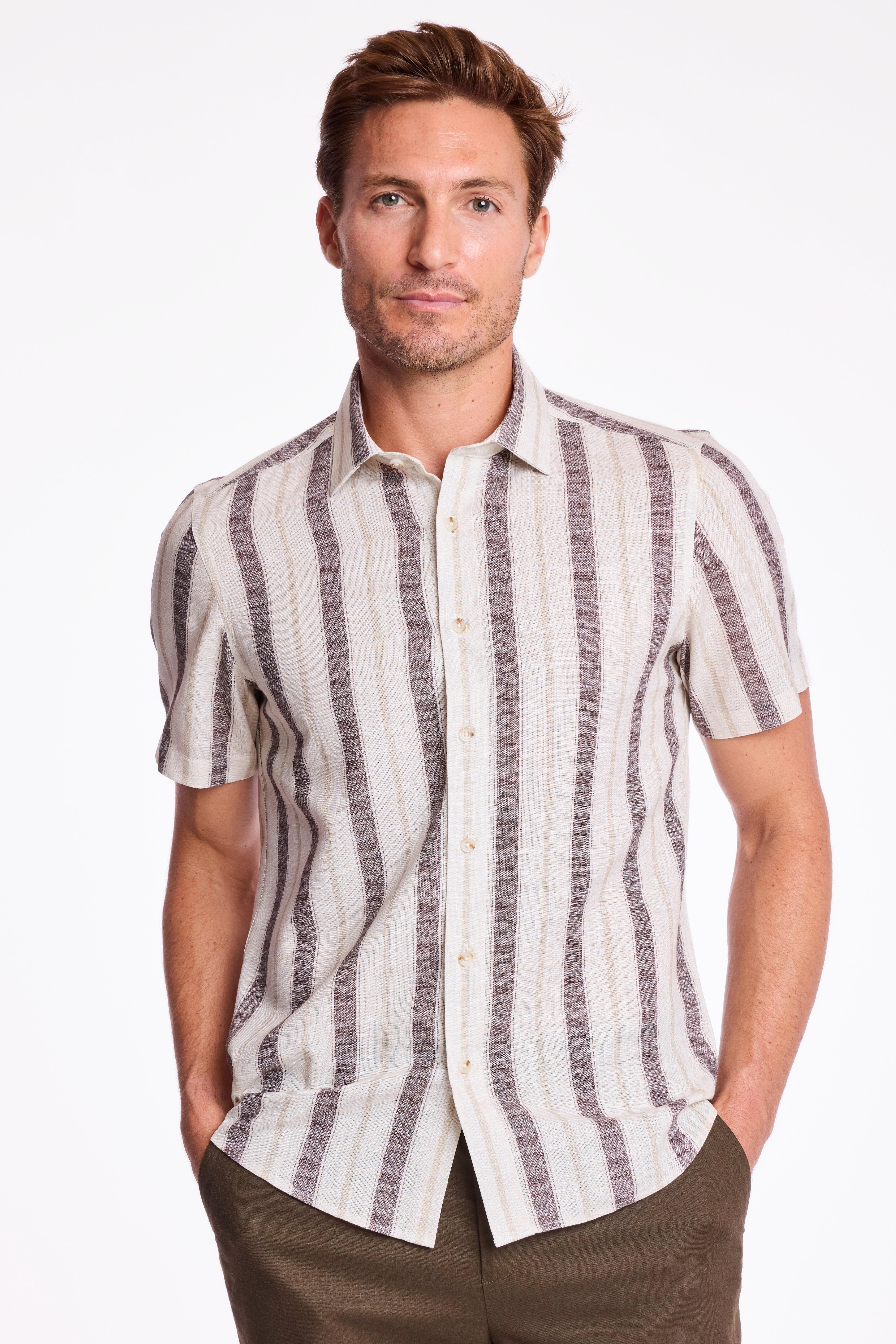 Sawyer Spread Collar Shirt - Tan Brown Stripes