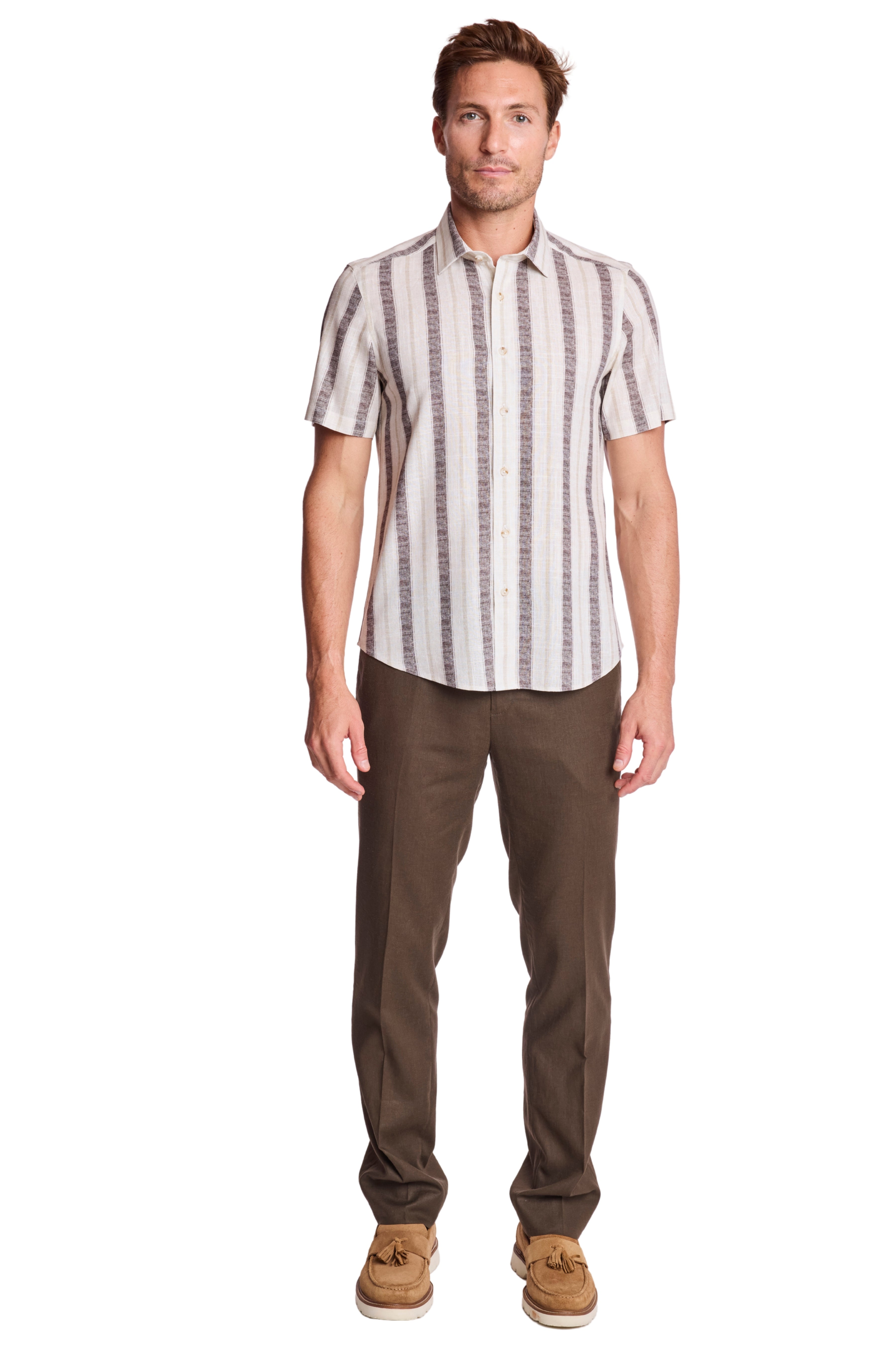 Sawyer Spread Collar Shirt - Tan Brown Stripes