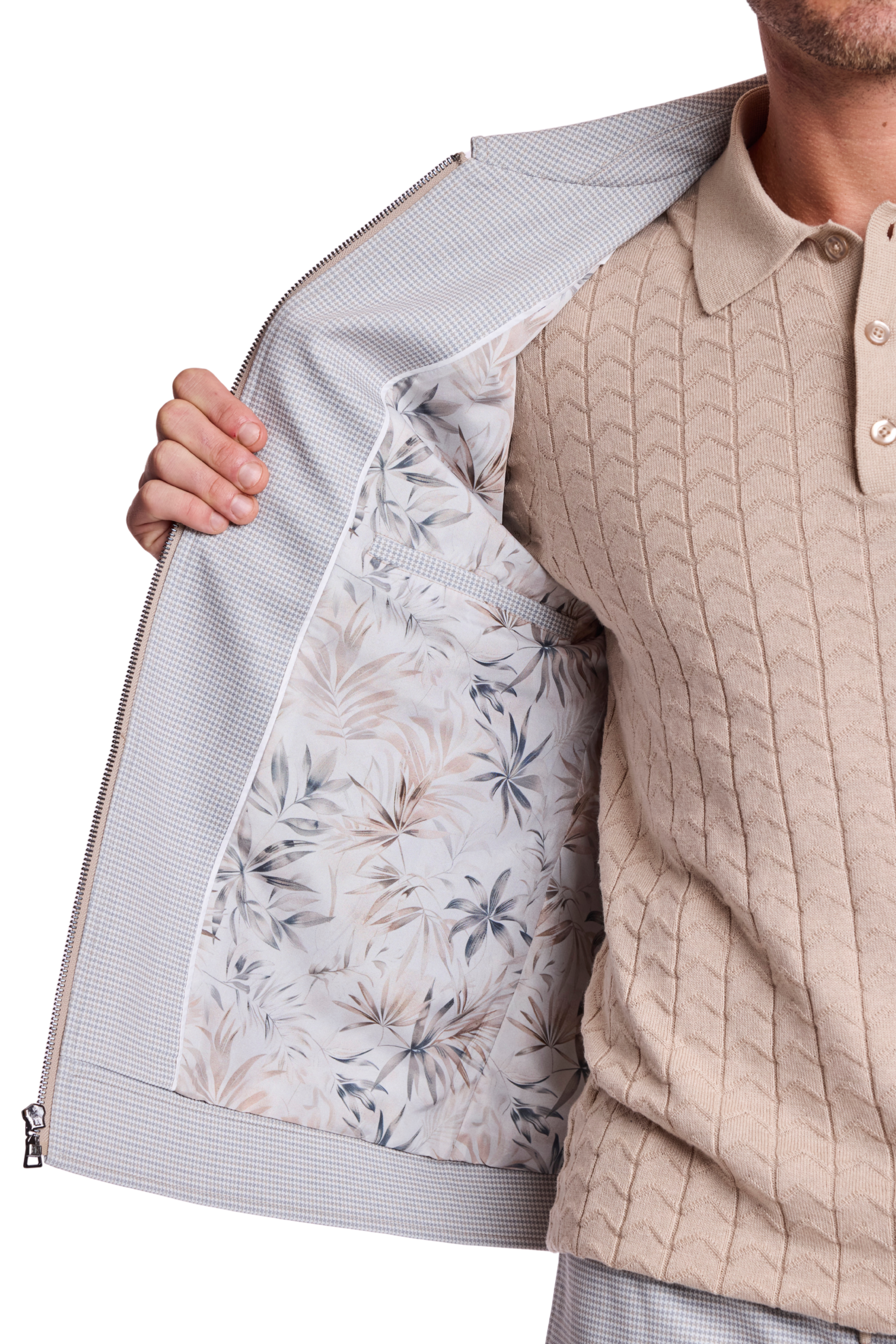 Milo Zip Front Jacket - slim - Steel Puddle Knit Houndstooth