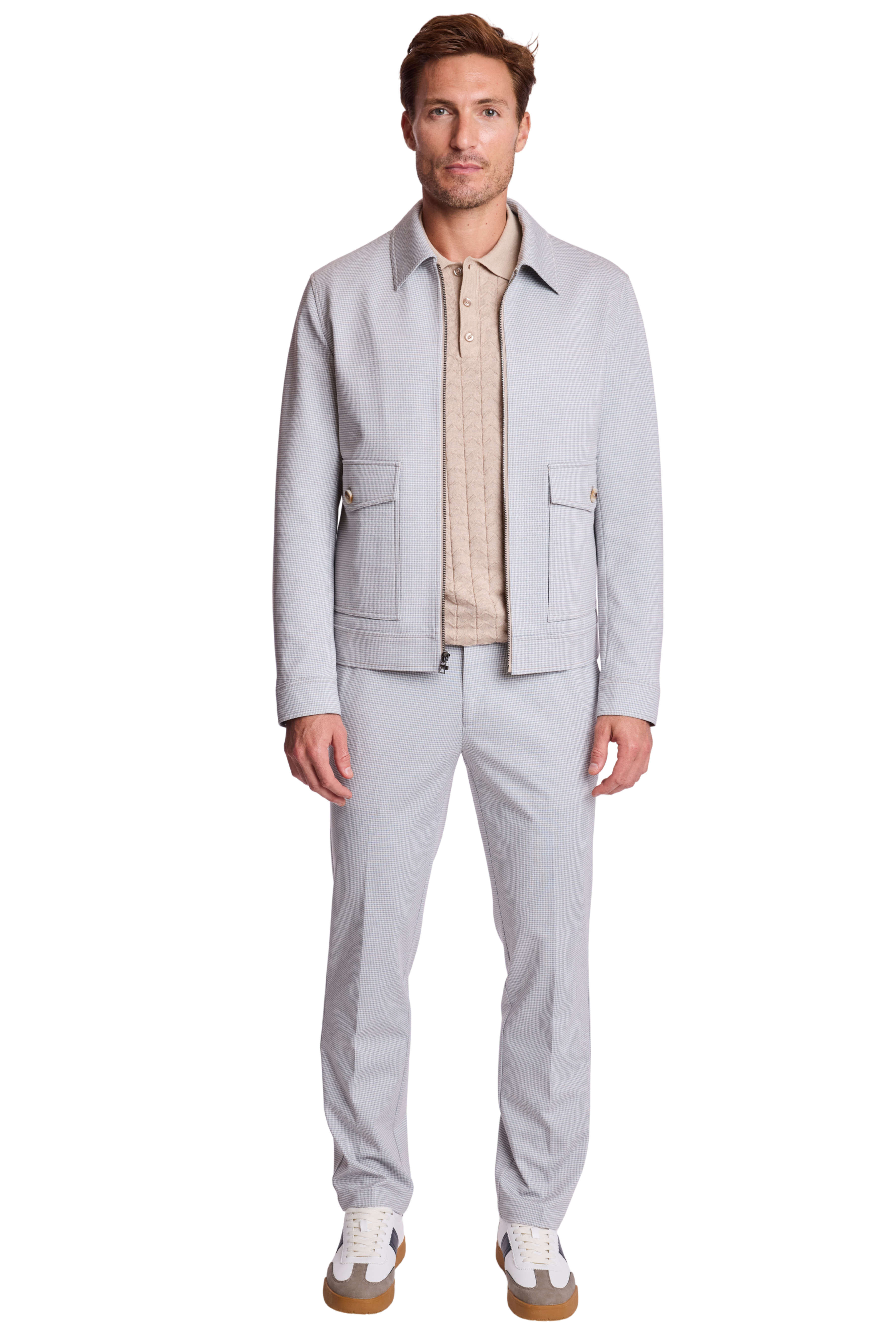 Milo Zip Front Jacket - slim - Steel Puddle Knit Houndstooth