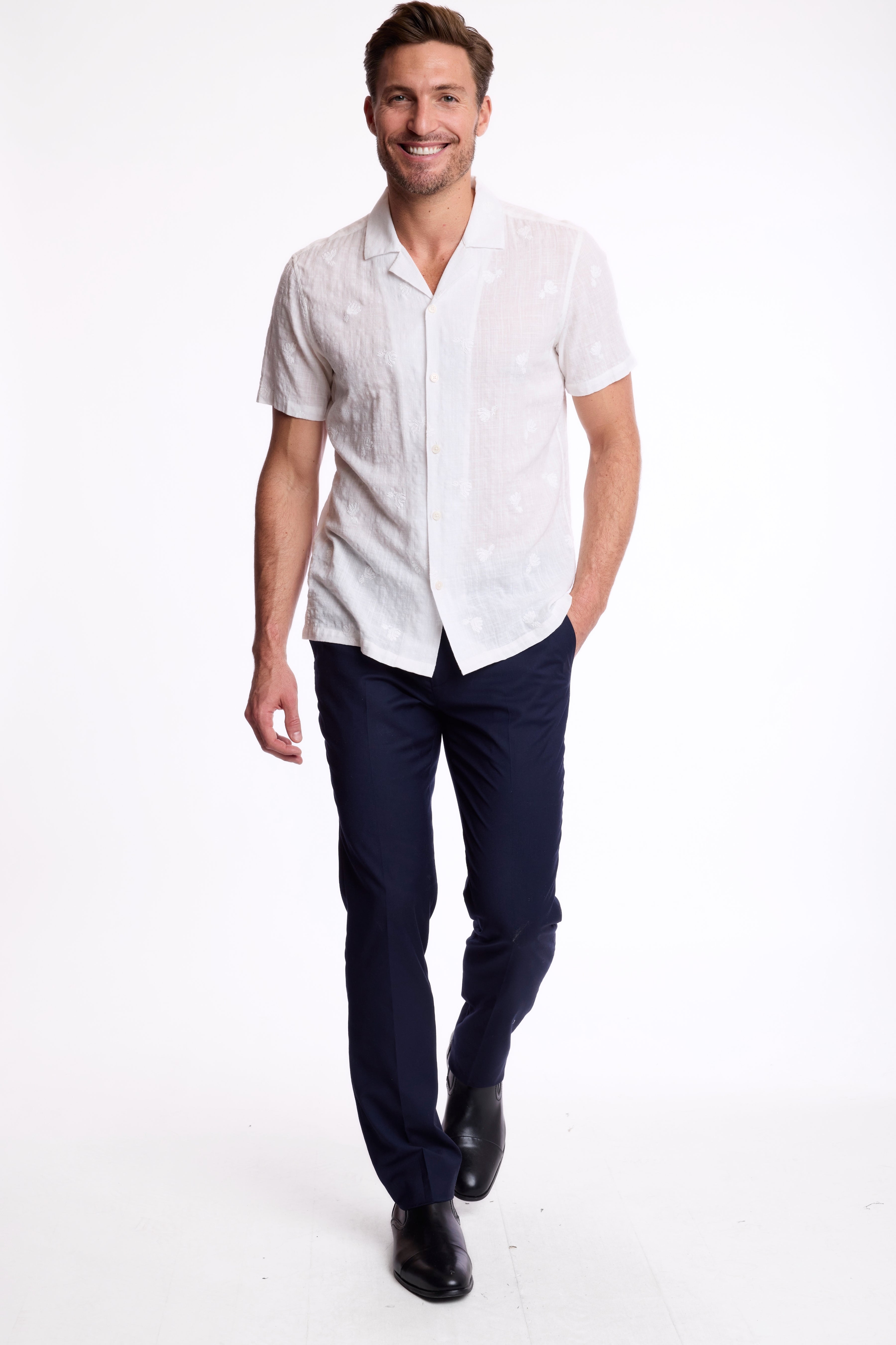 S/S Camp Collar Shirt - White Embroidered Flowers