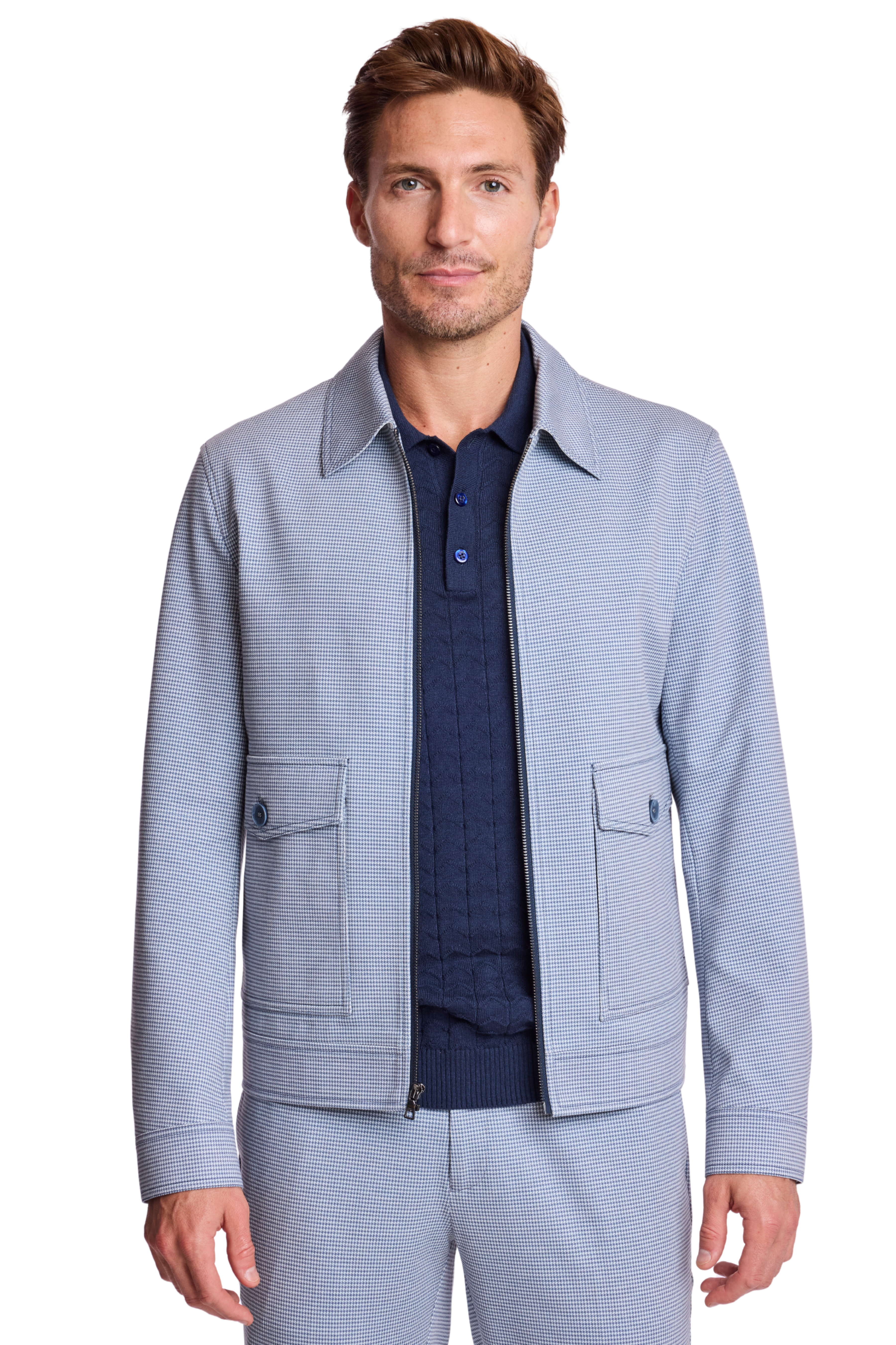 Milo Zip Front Jacket - slim - Navy Knit Houndstooth
