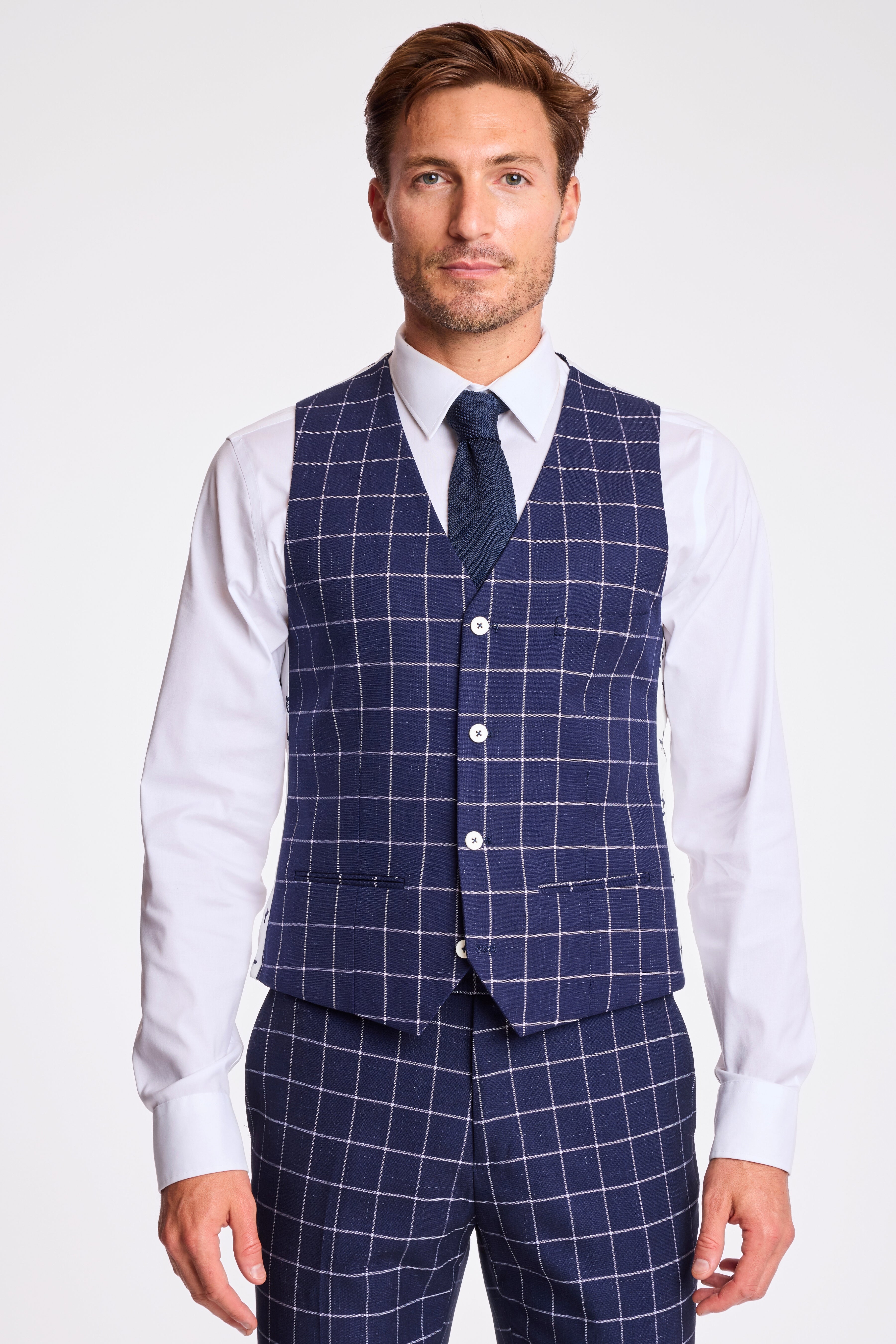 Eaton 5 Button Vest - slim - White Navy Windowpane