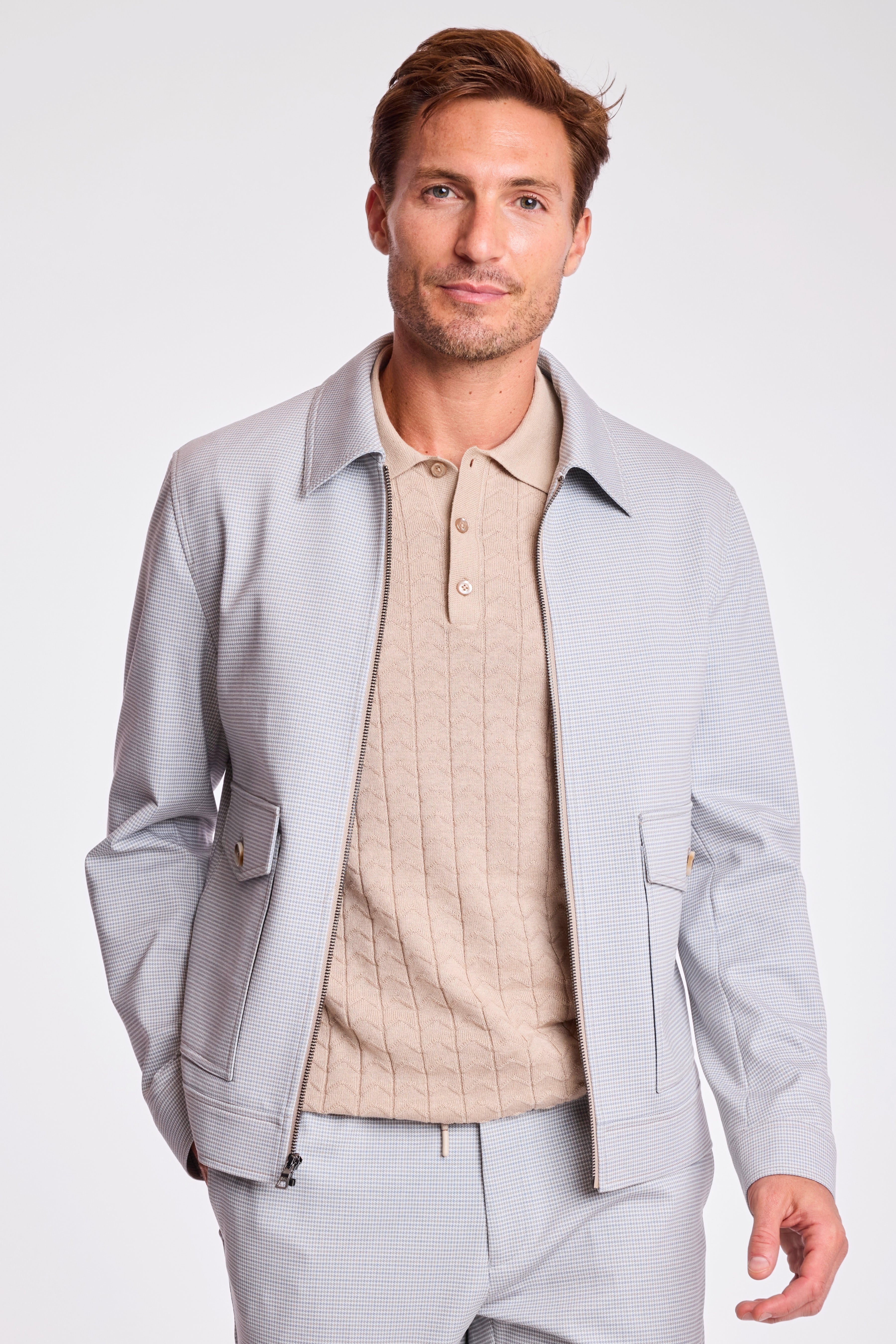Milo Zip Front Jacket - slim - Steel Puddle Knit Houndstooth