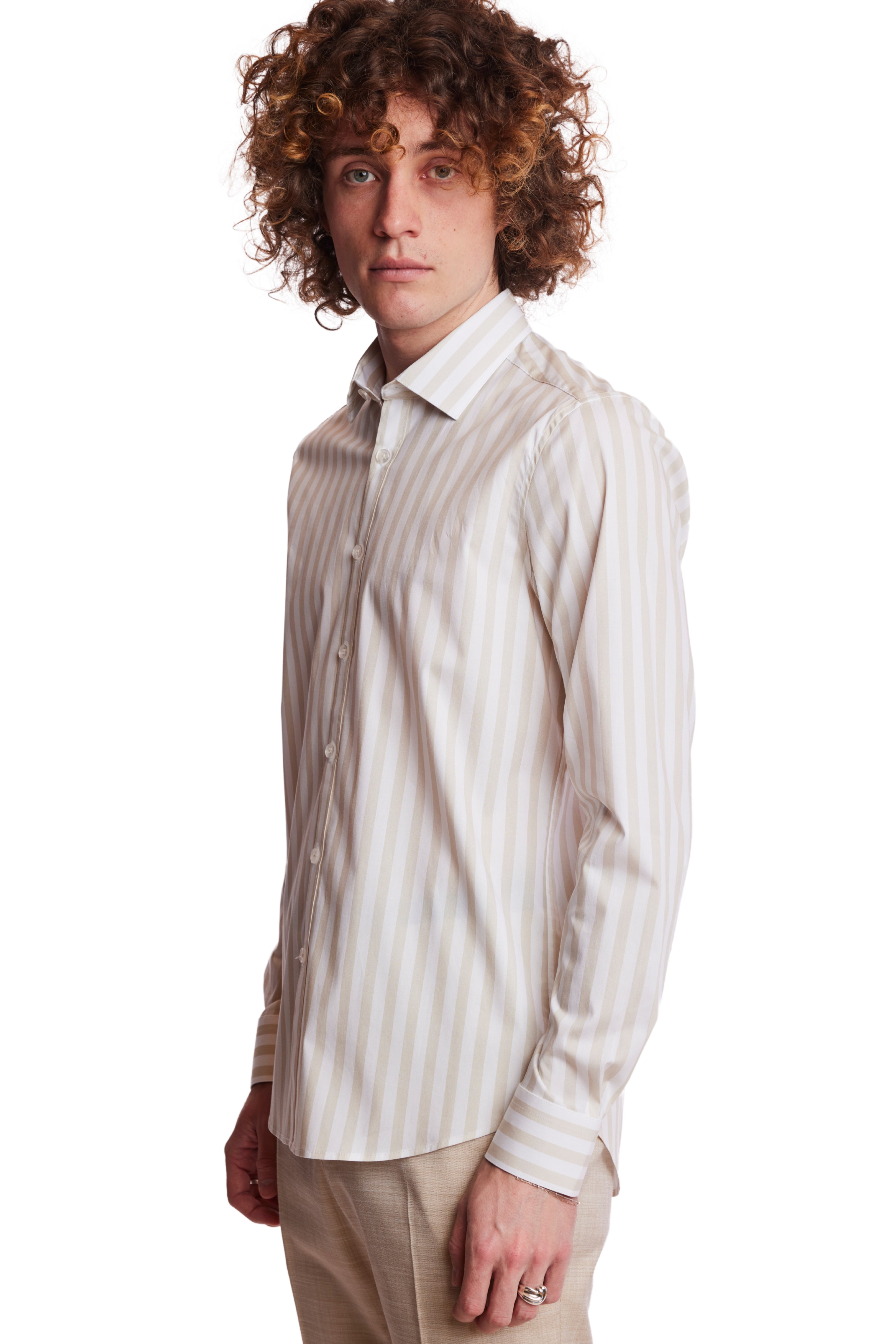 Samuel Spread Collar Shirt - Tan & White Wide Stripe