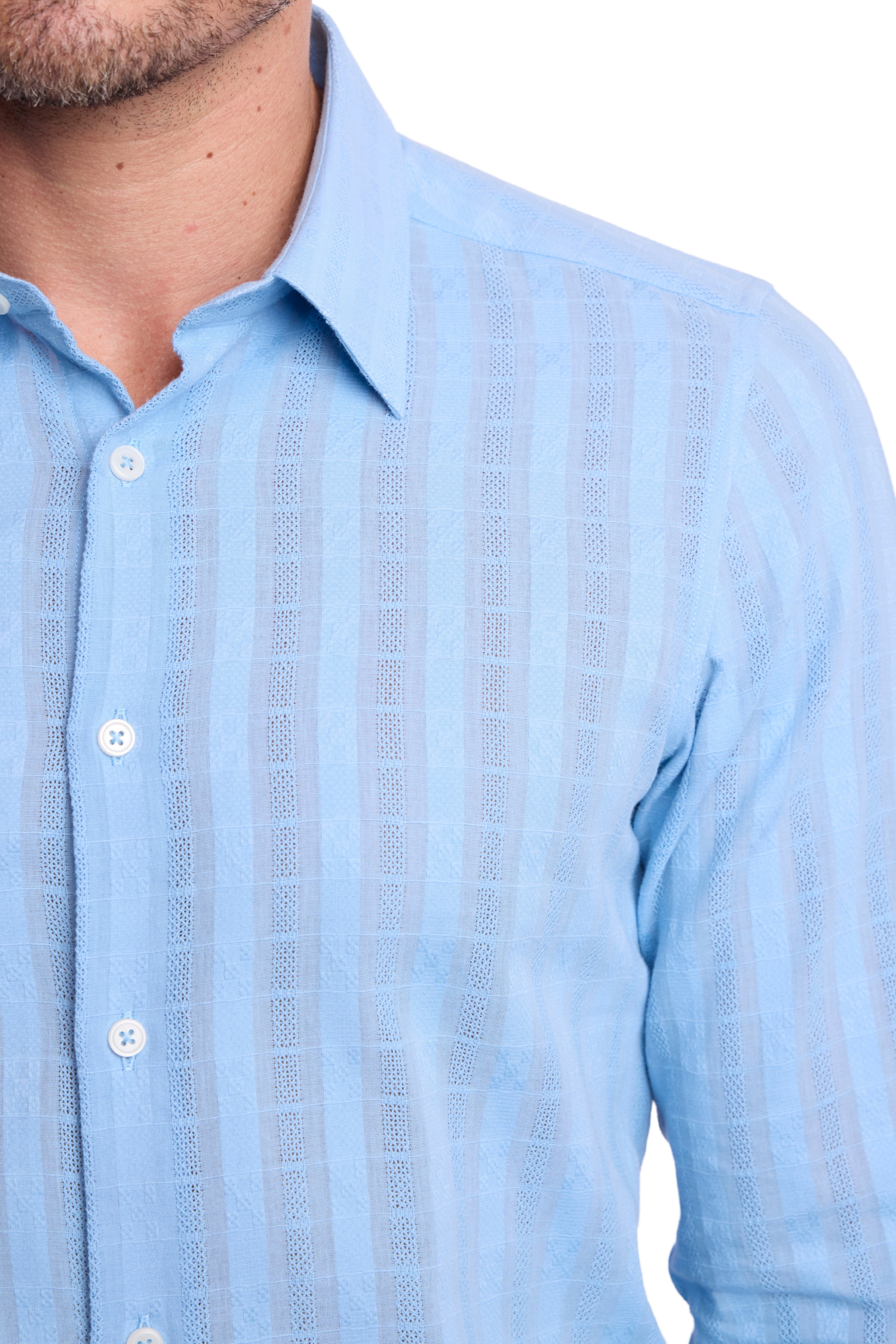 Parker Pointed Collar Shirt - Lt Blue Dobby Stripes