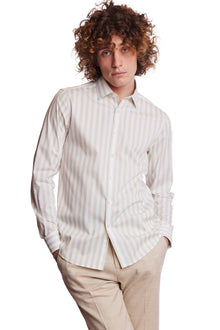  Samuel Spread Collar Shirt - Tan & White Wide Stripe