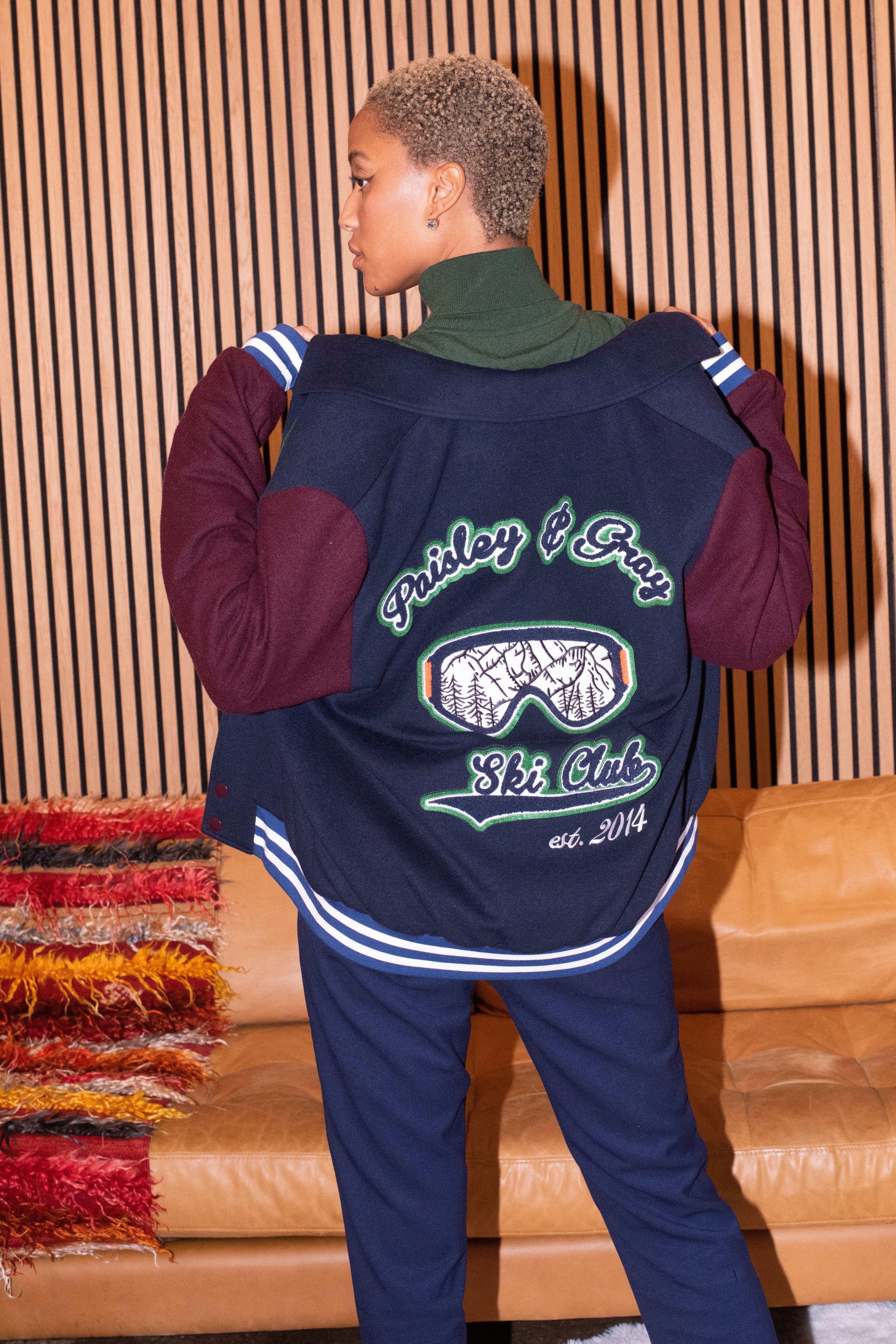 Ski Club Down Varsity Jacket - Navy Burgundy