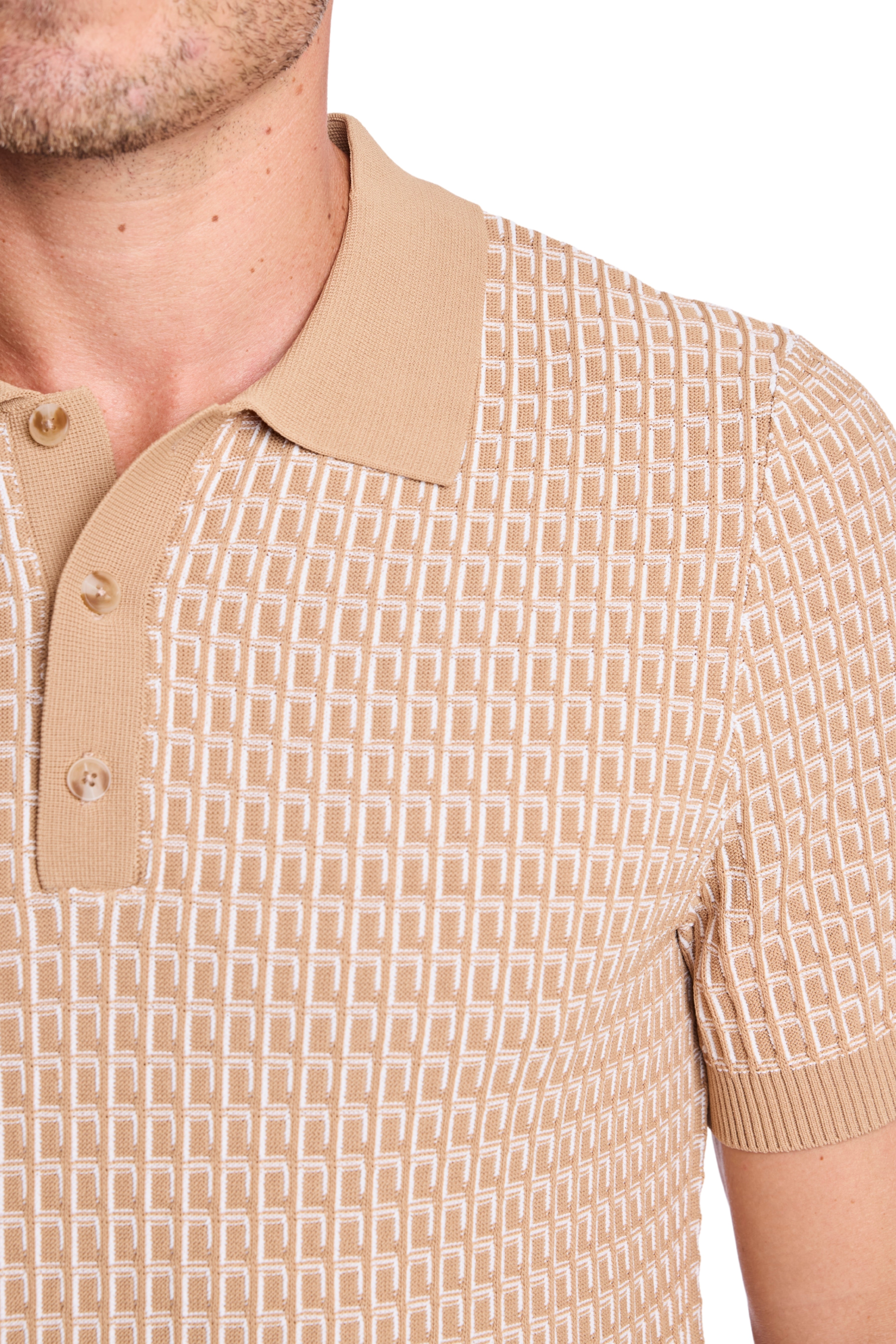 3 Button Polo - Tan & White