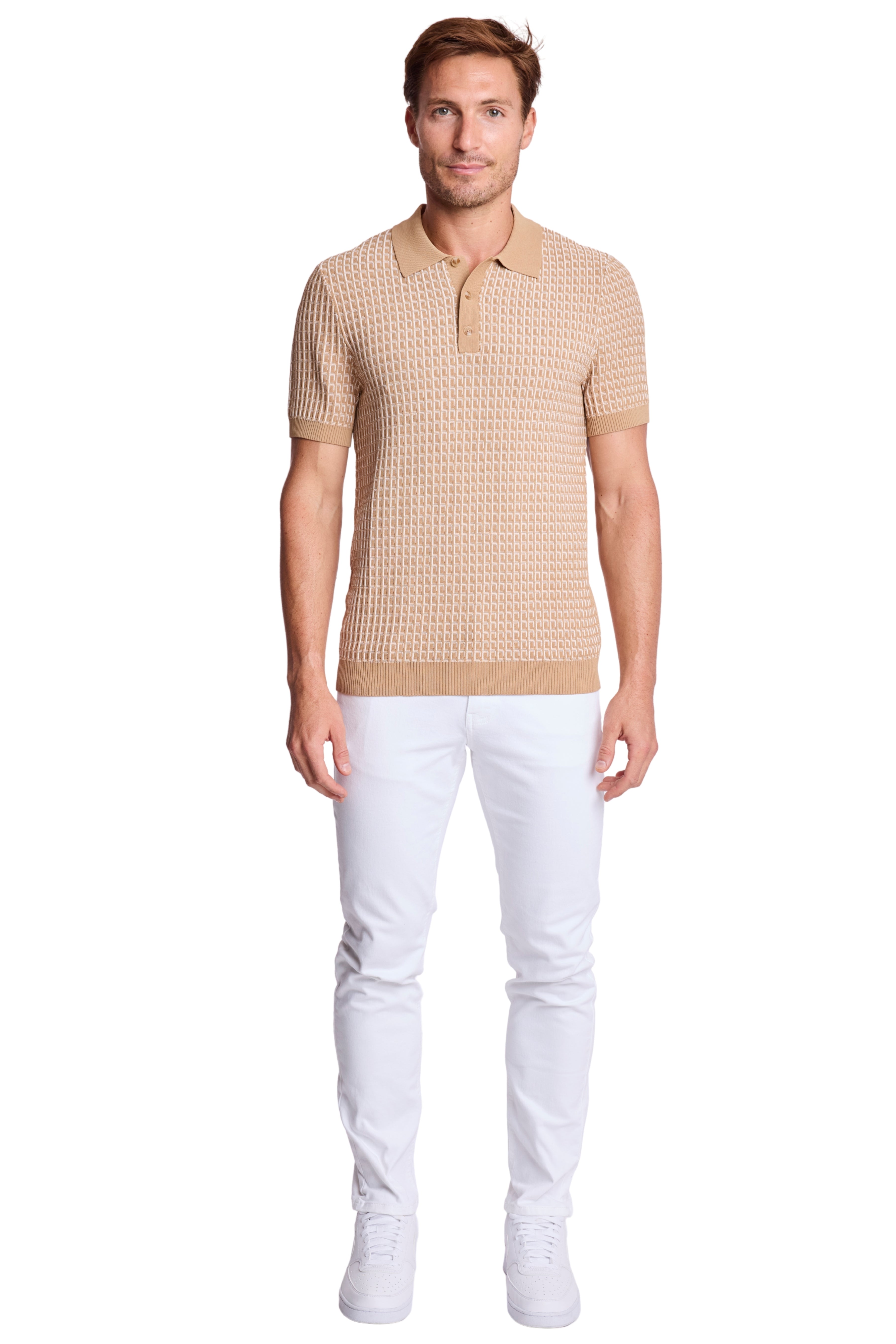 3 Button Polo - Tan & White