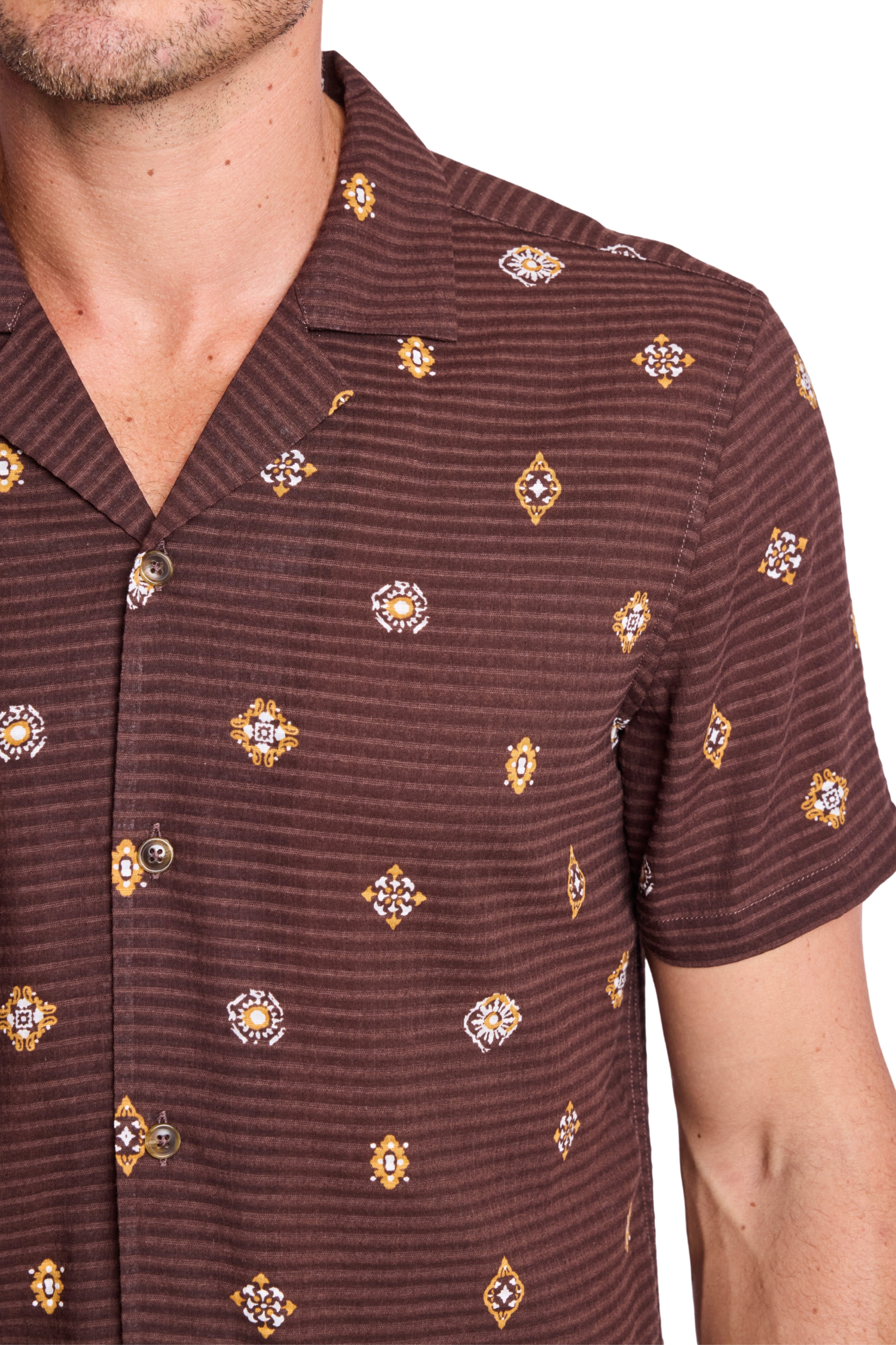 S/S Camp Collar Shirt - Golden Brown Seersucker