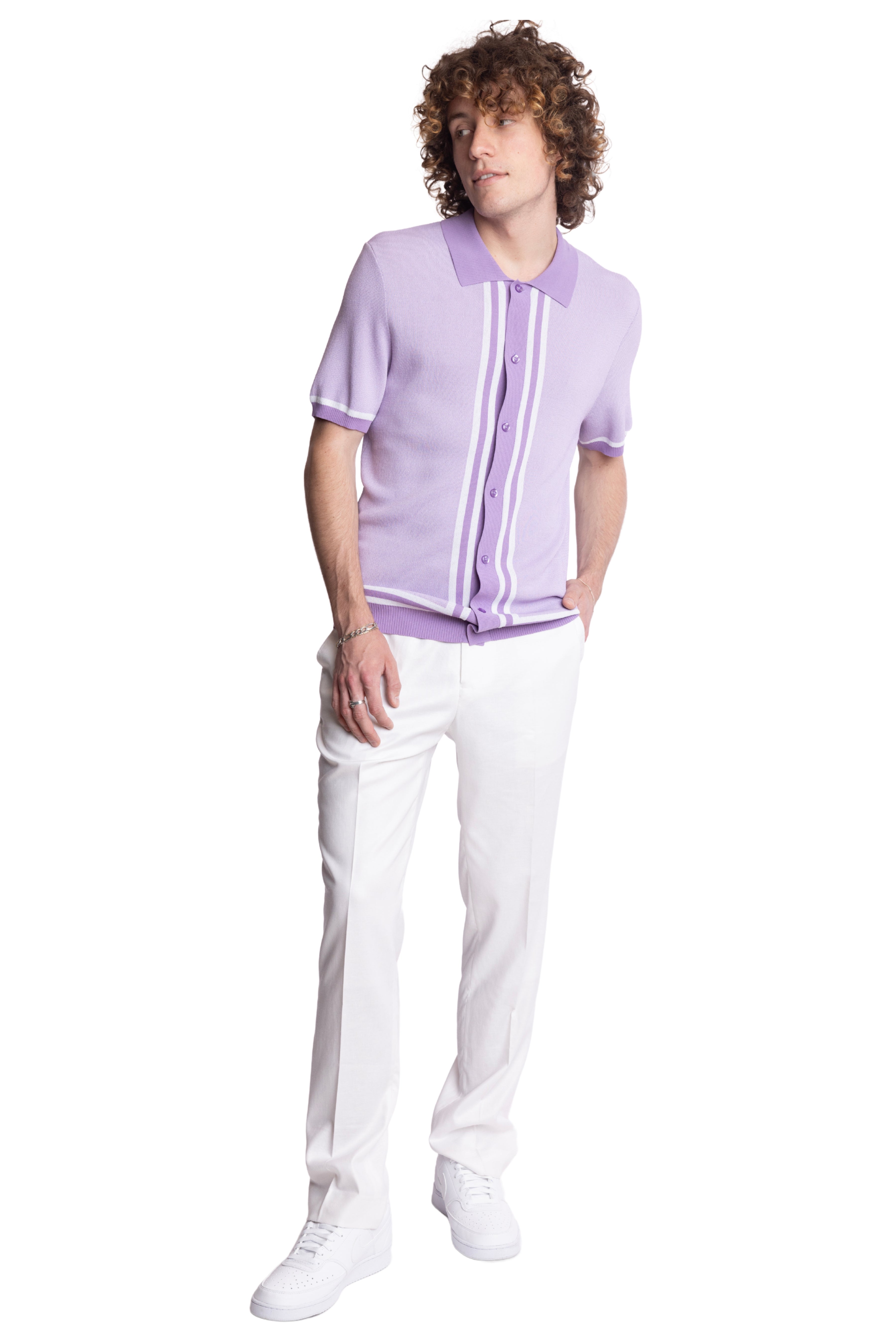 Full Placket Retro Polo - Lilac White