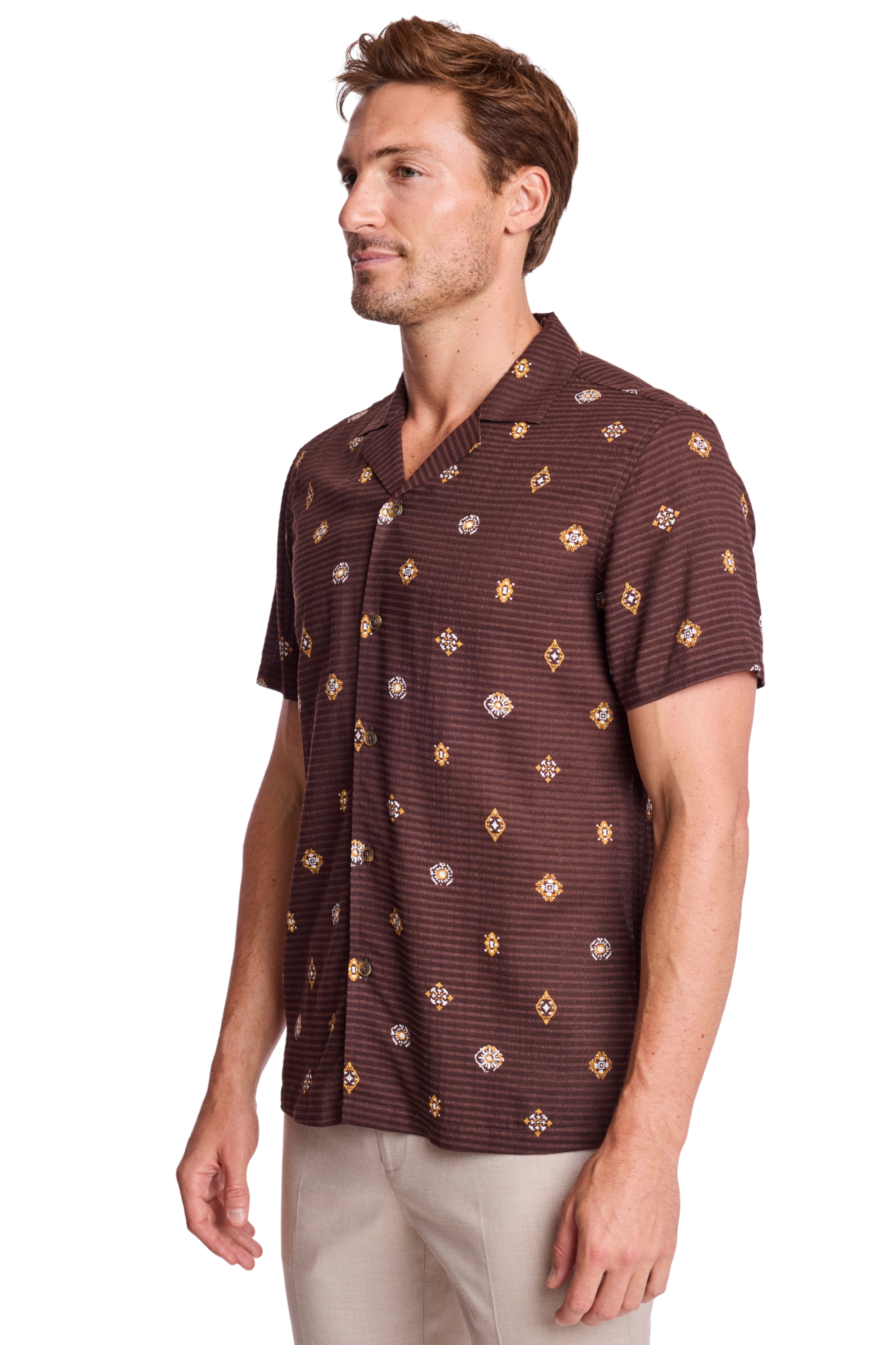 S/S Camp Collar Shirt - Golden Brown Seersucker