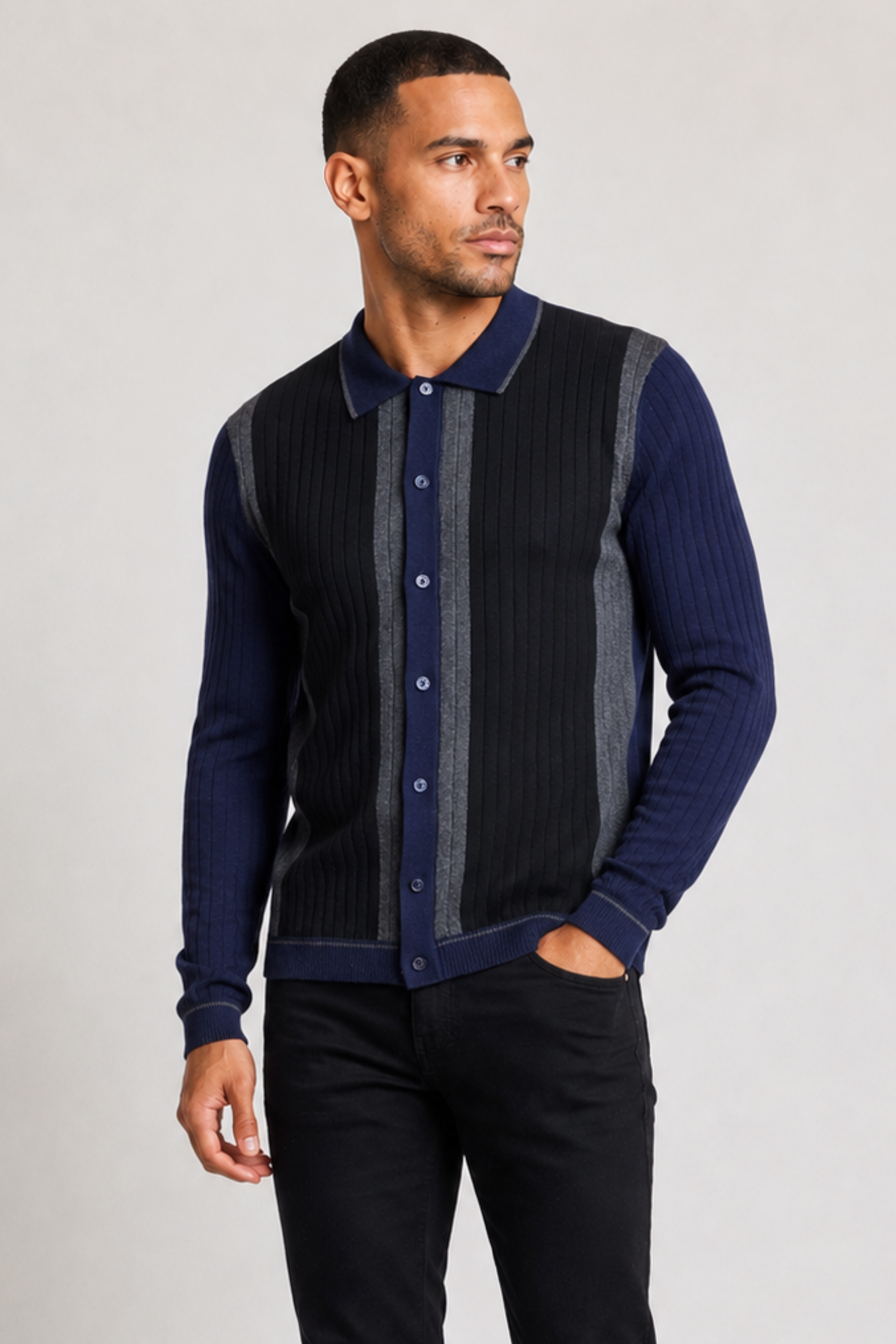 Color Blocked Full Placket Polo - Navy Black Charcoal