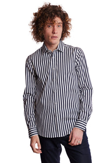  Samuel Spread Collar Shirt - Navy & White Wide Stripe