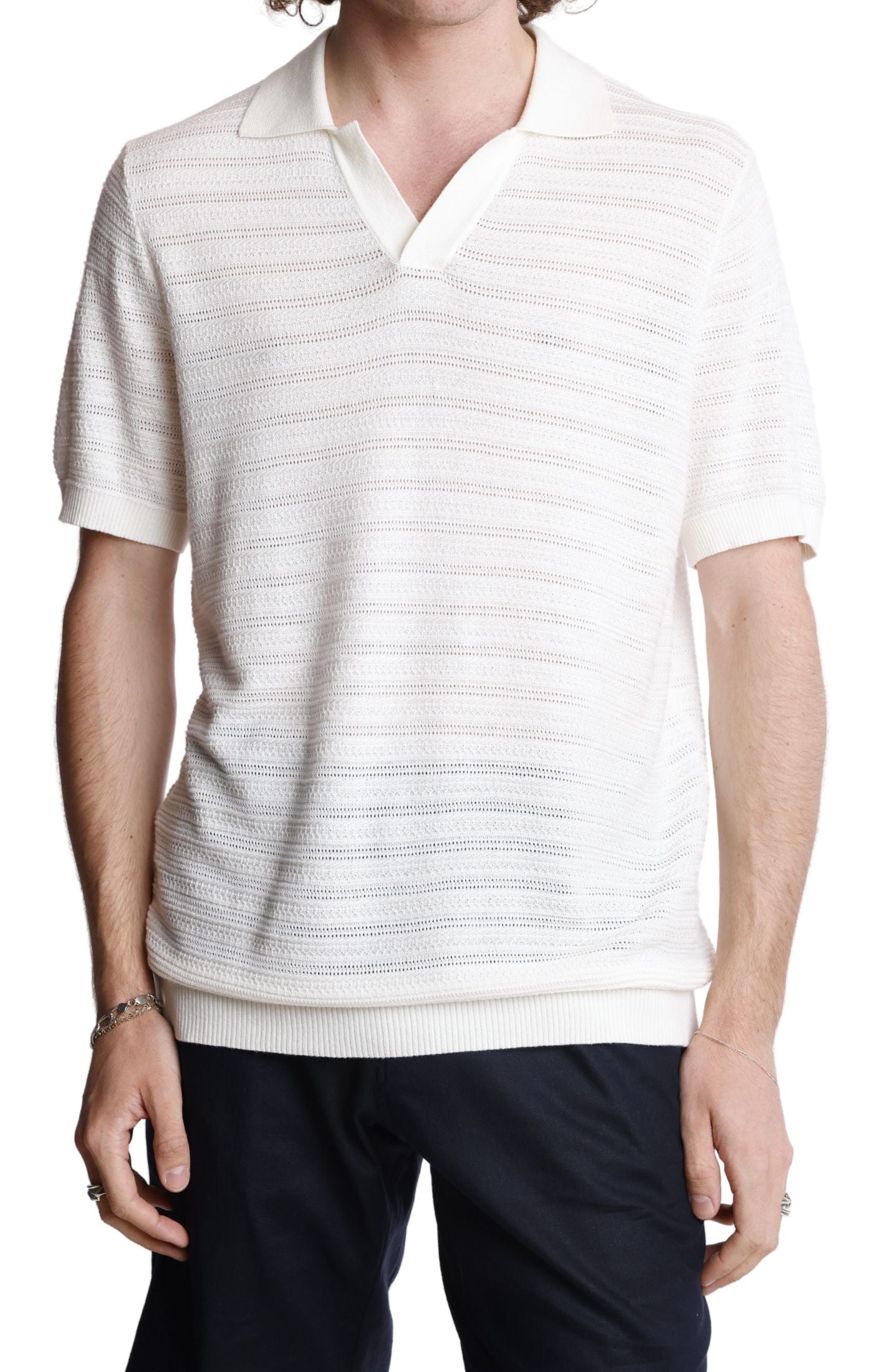 Johnny Collar 2 Tone Polo - Cream & White