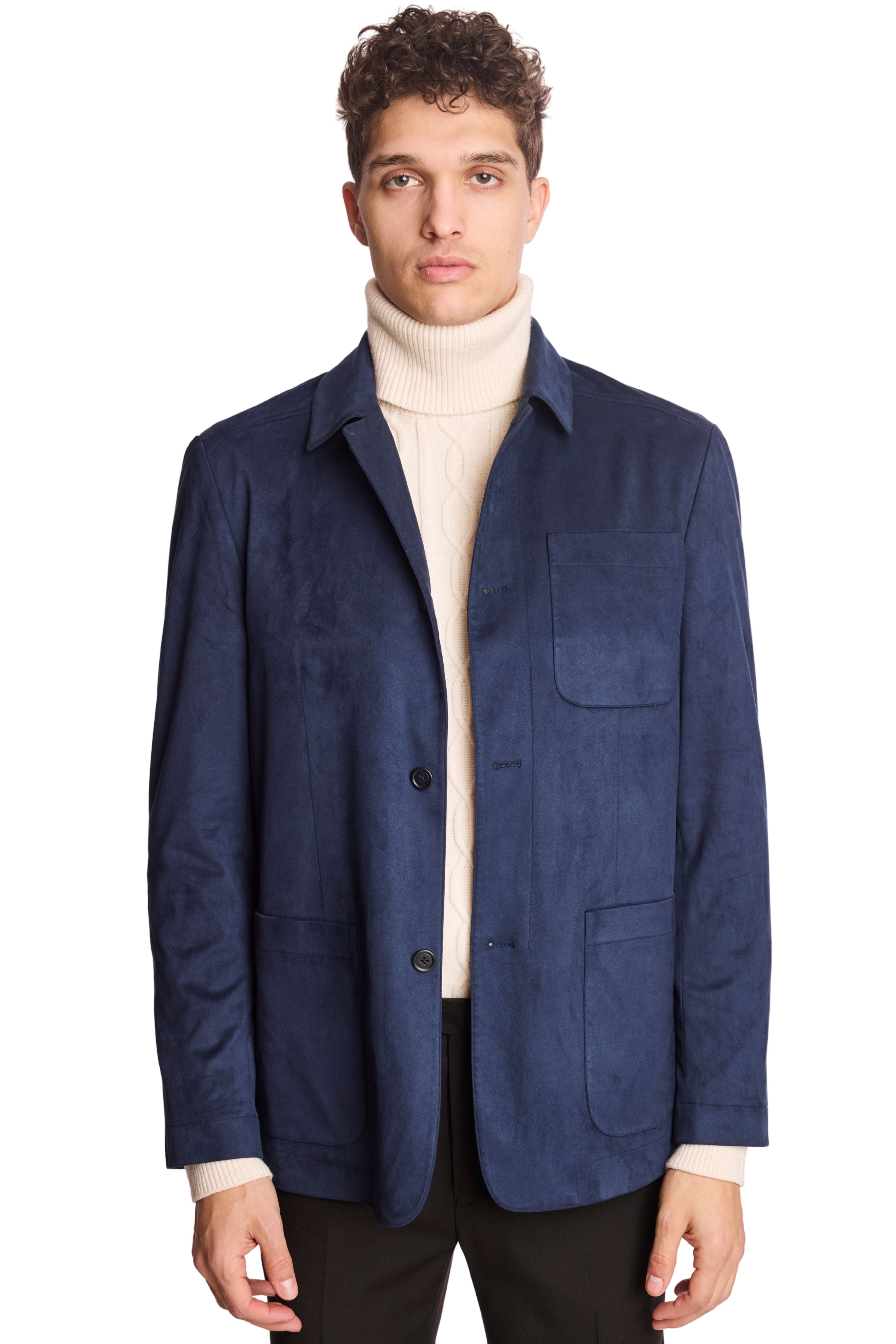 New City Button Up Jacket - Navy Blue Microsuede