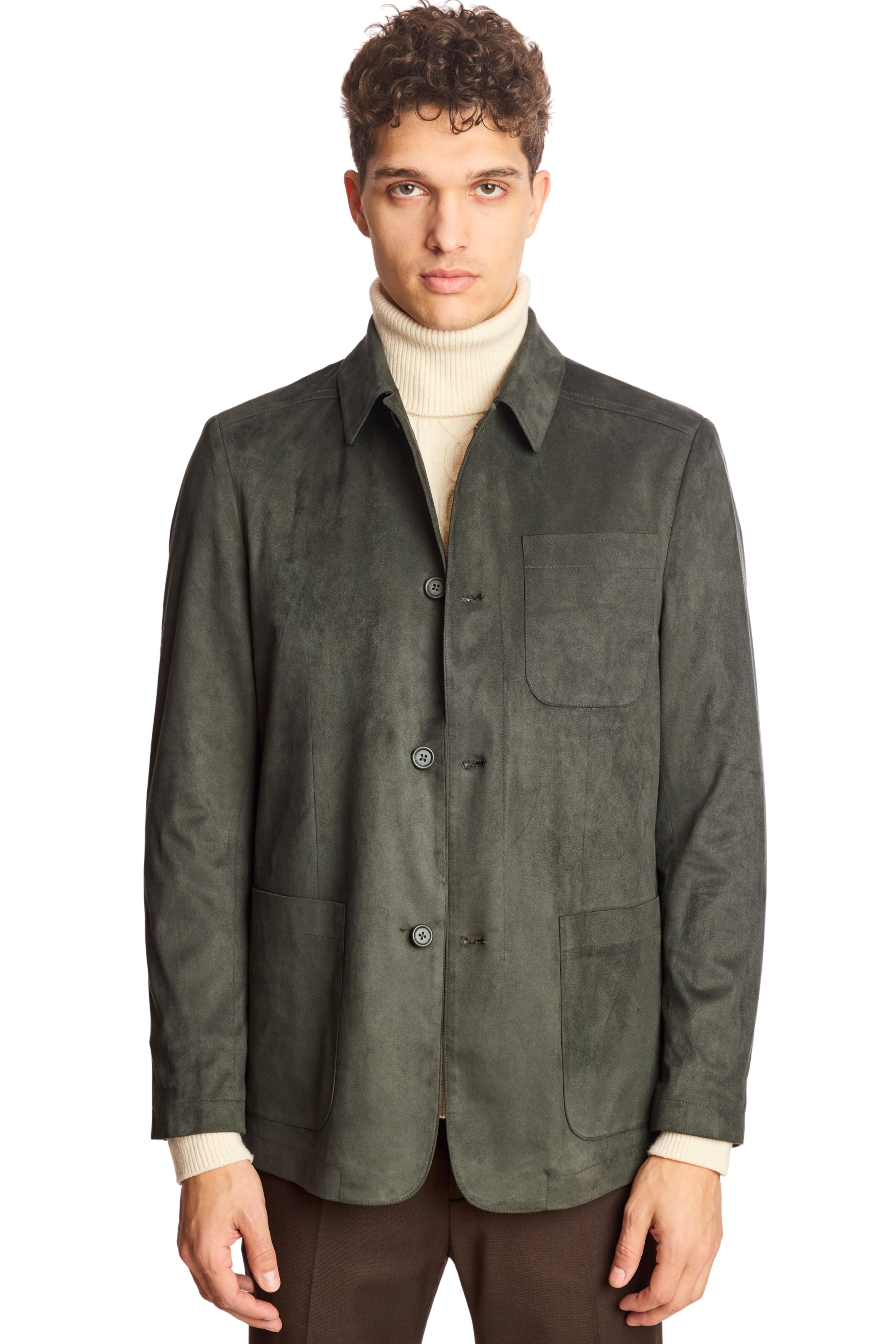 New City Button Up Jacket - Dark Green Microsuede