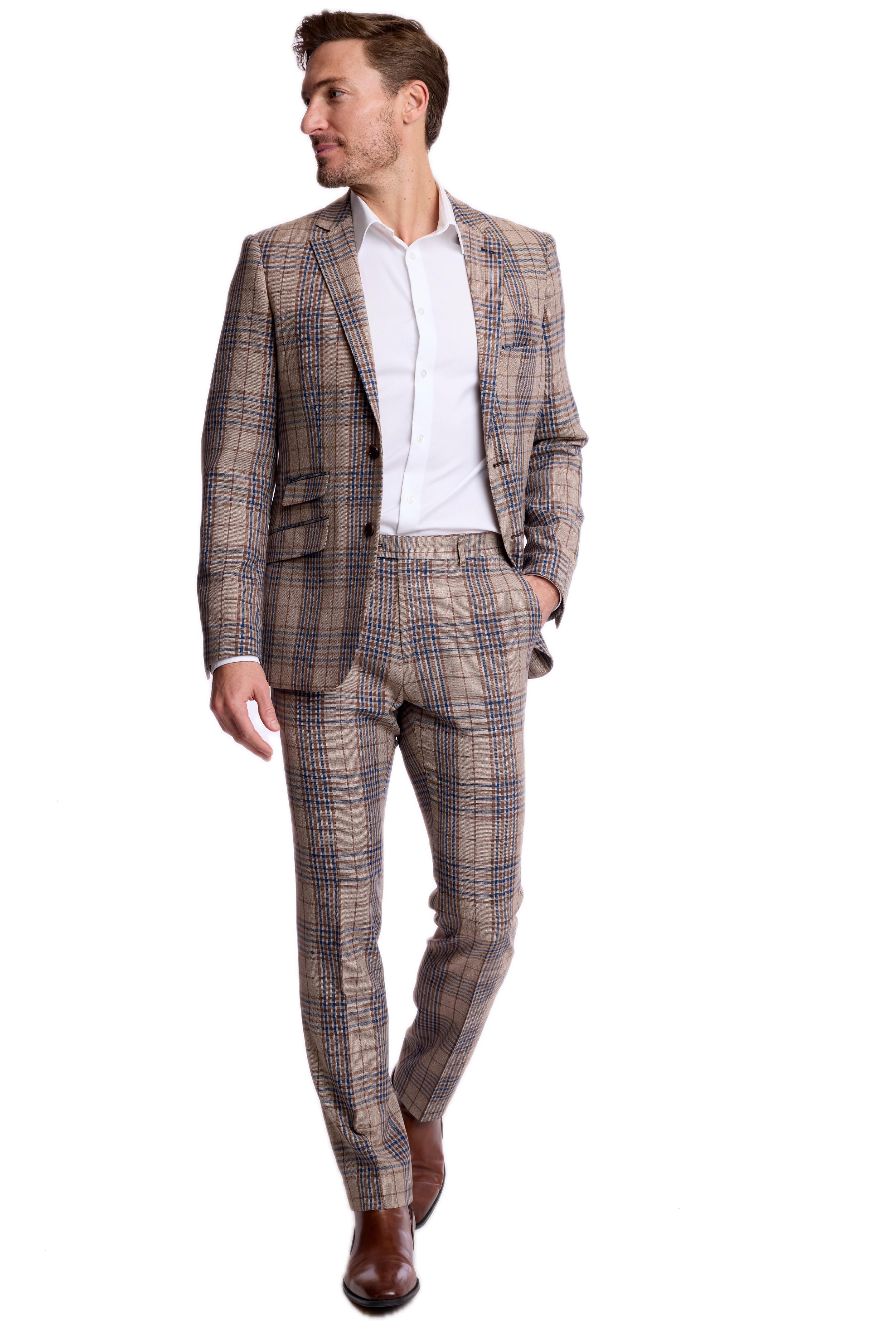 Downing Pants - slim - Tan Navy Brown Check
