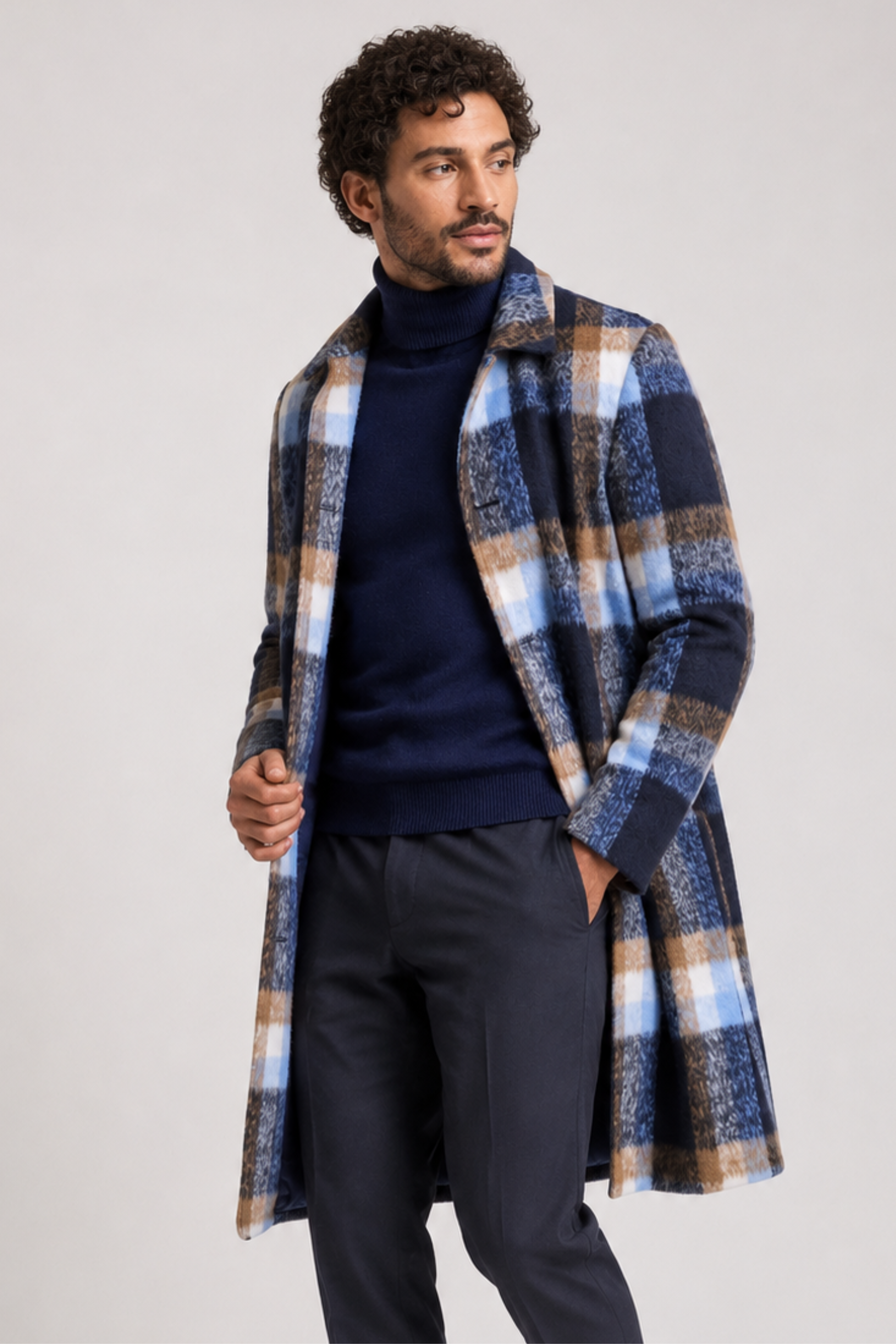 Slash Pocket Overcoat - slim - Blue Tan Buffalo