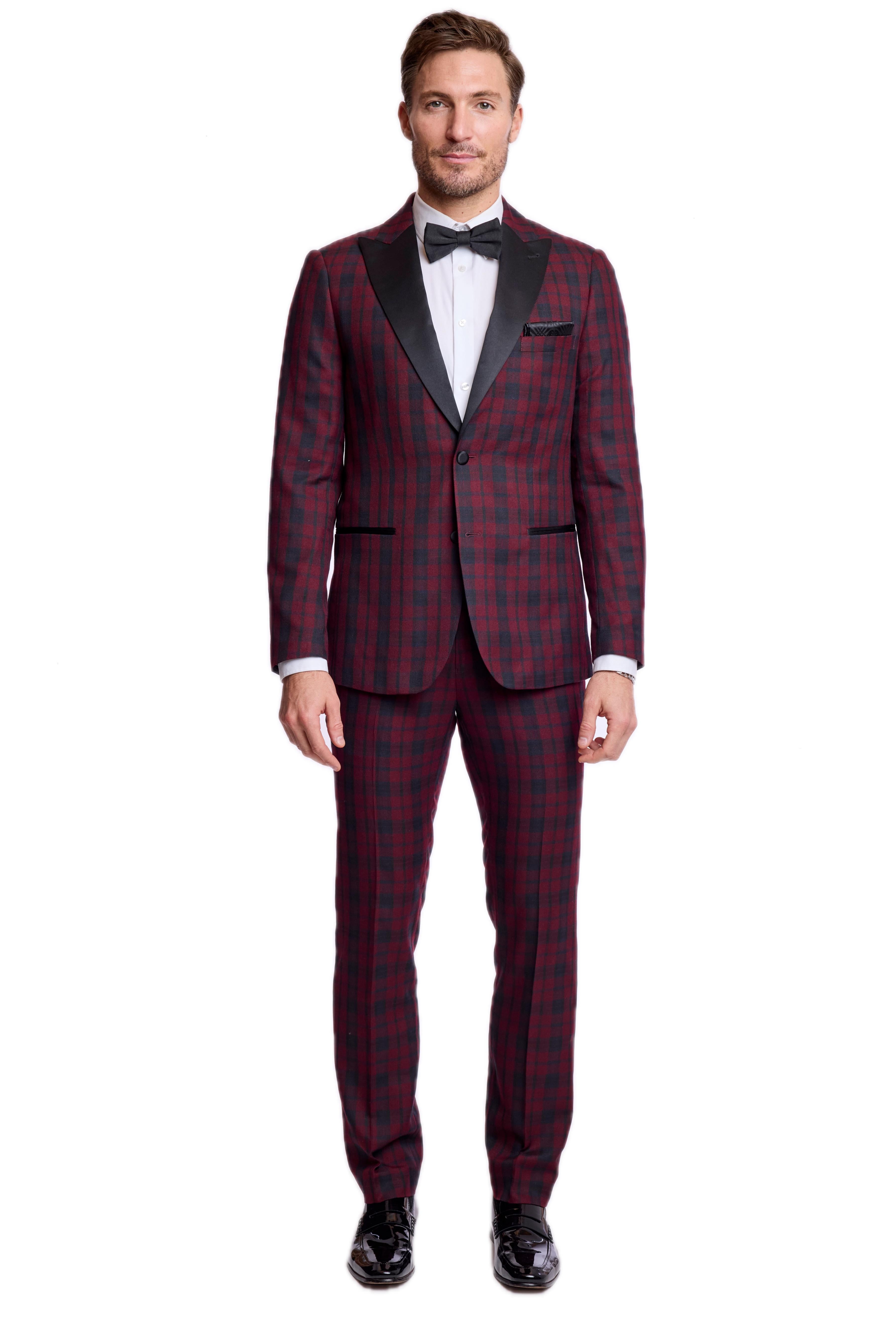 Kyle Big Peak Tux Jacket - slim - Burgundy Black Tartan
