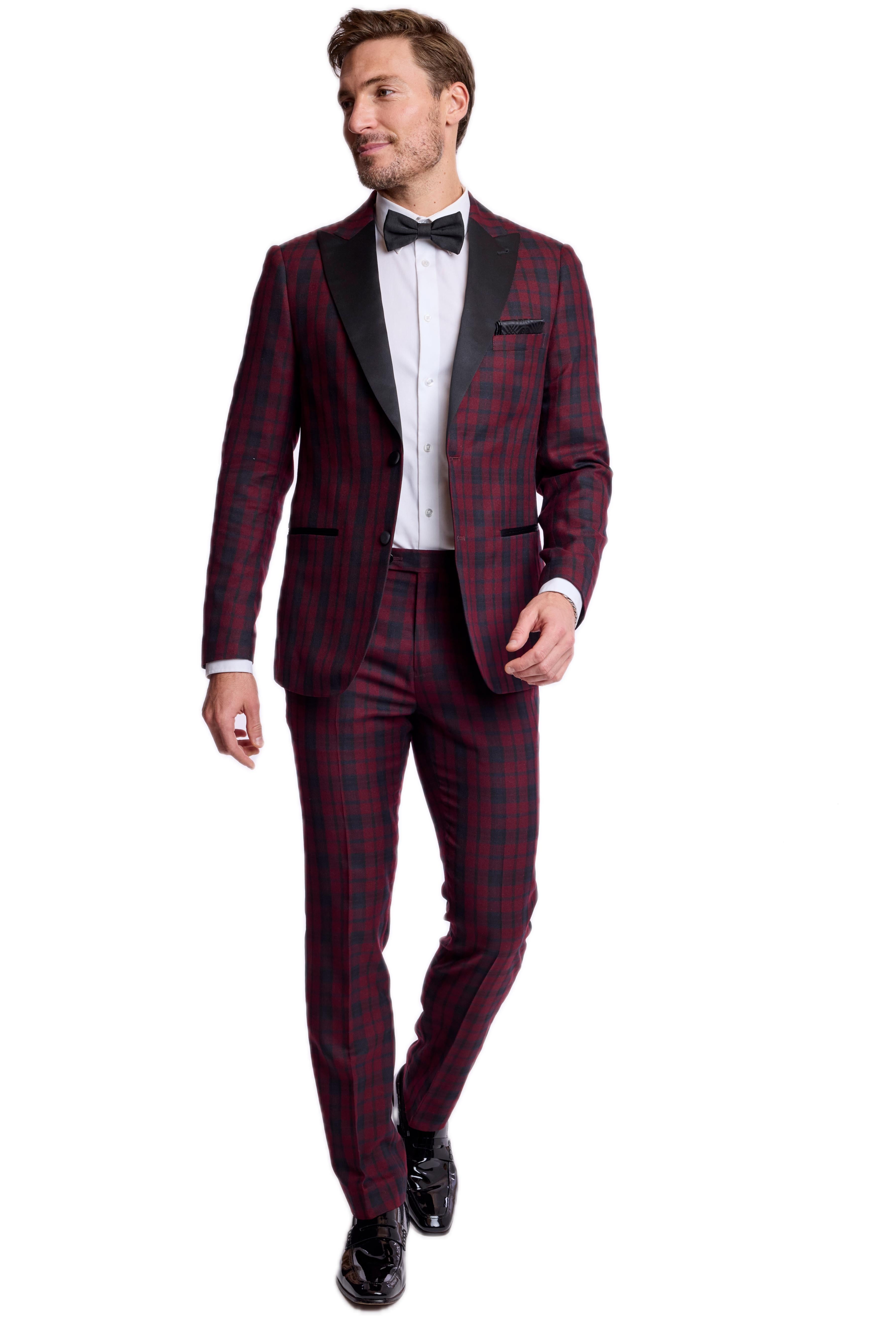 Sloane Tux Pants - slim - Burgundy Black Tartan