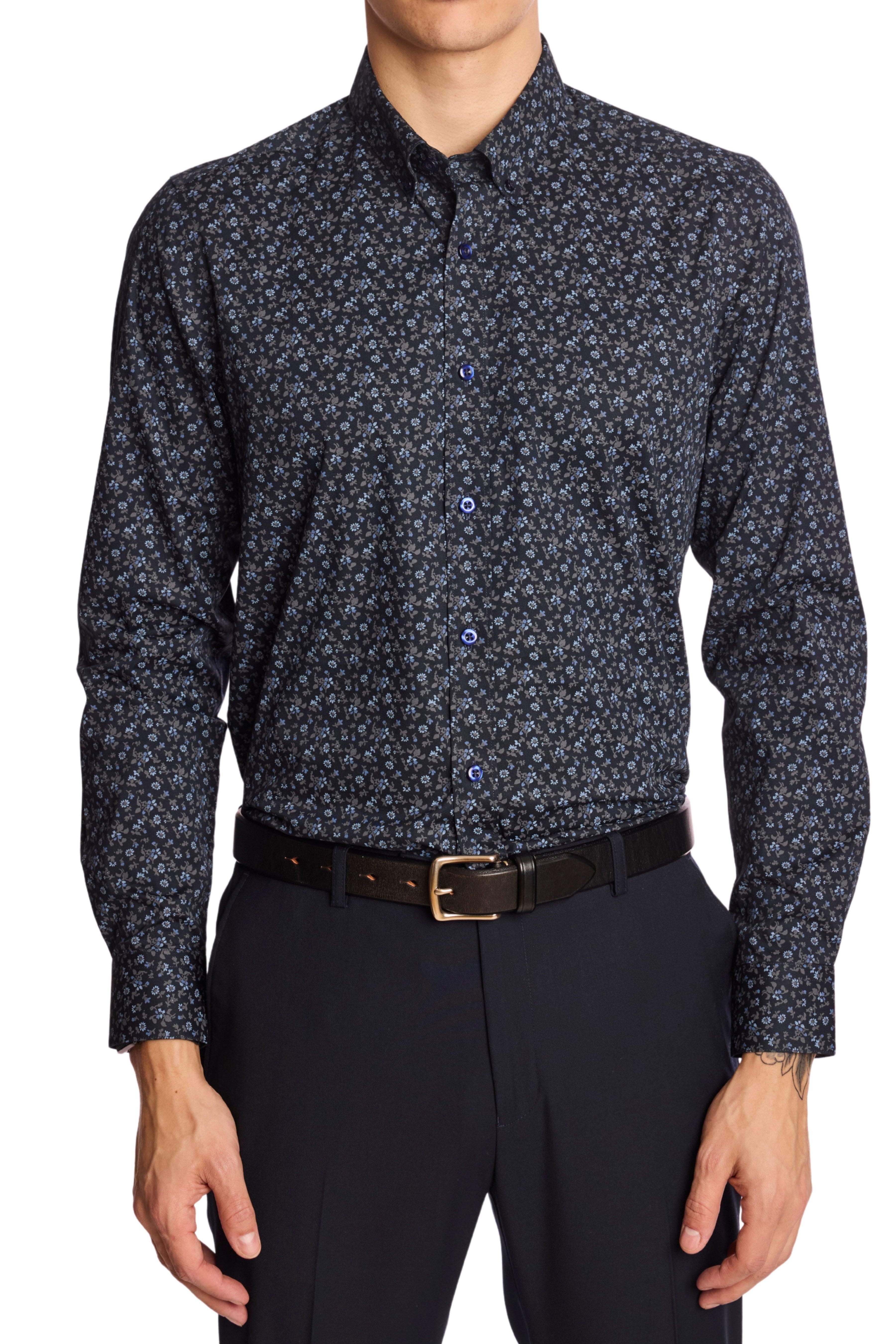 Brian Button Down Shirt - Navy and Grey Floral