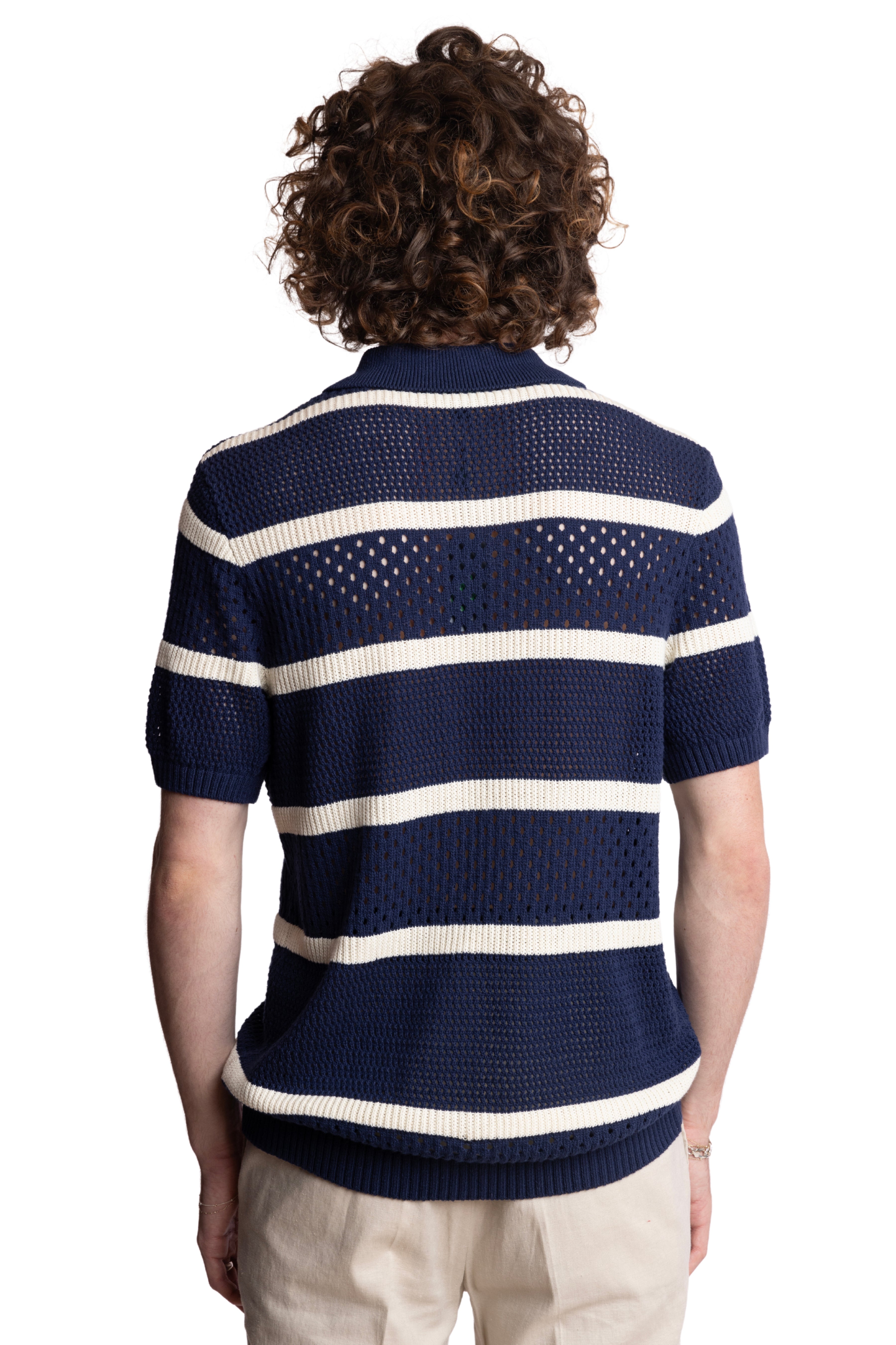 Full Placket Crochet Polo - Navy & Cream