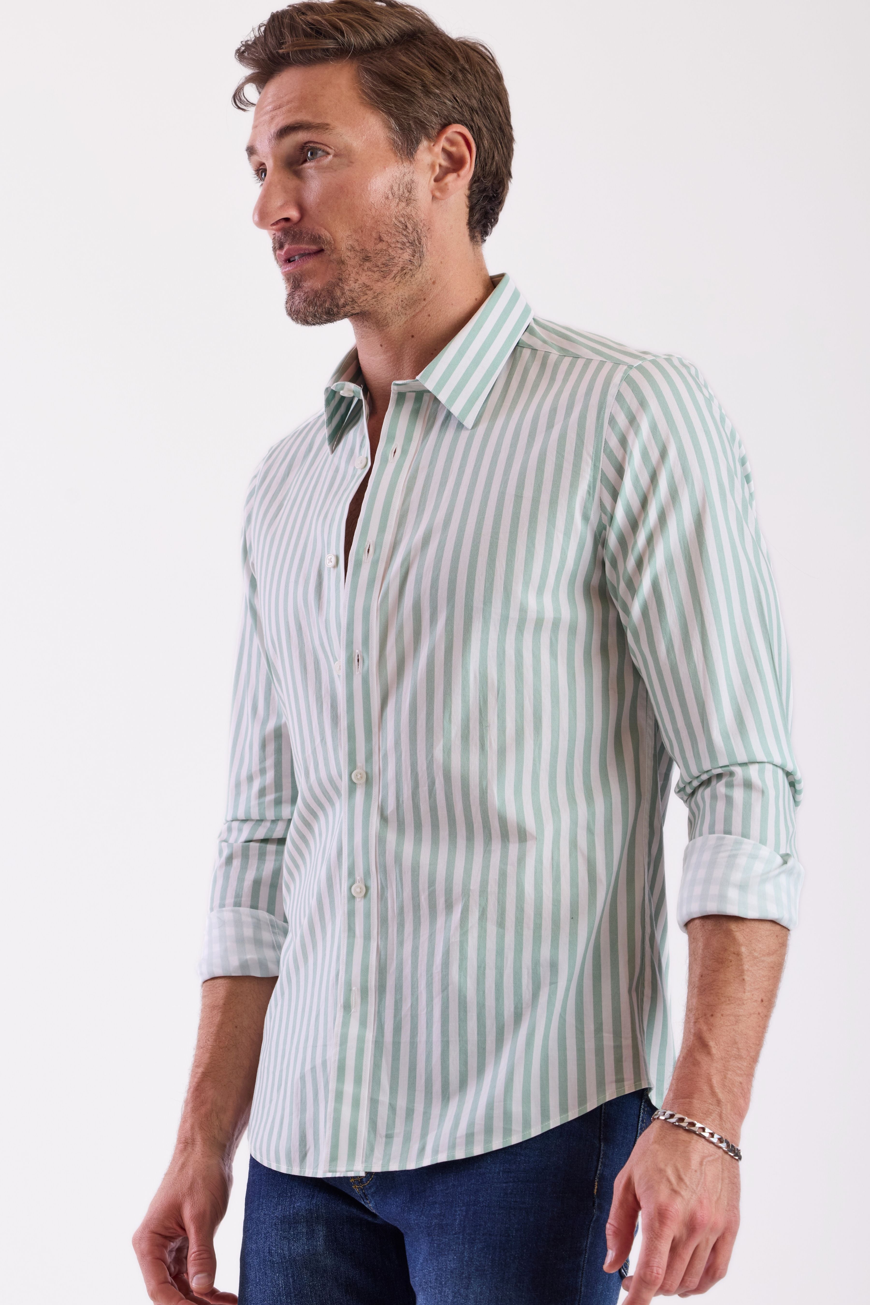 Parker Pointed Collar Shirt - Mint White Stripes