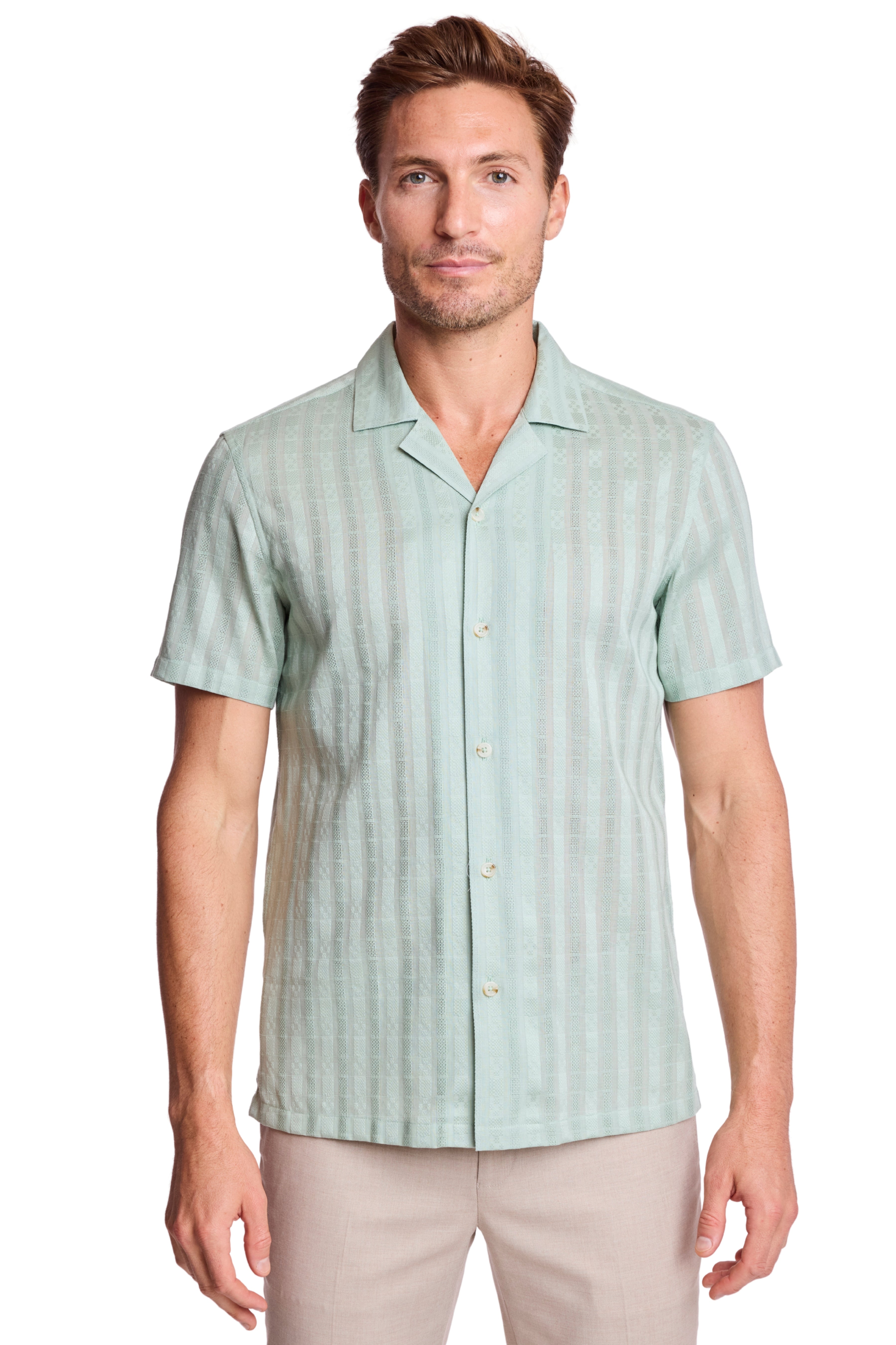 S/S Camp Collar Shirt - Mint Dobby Stripes