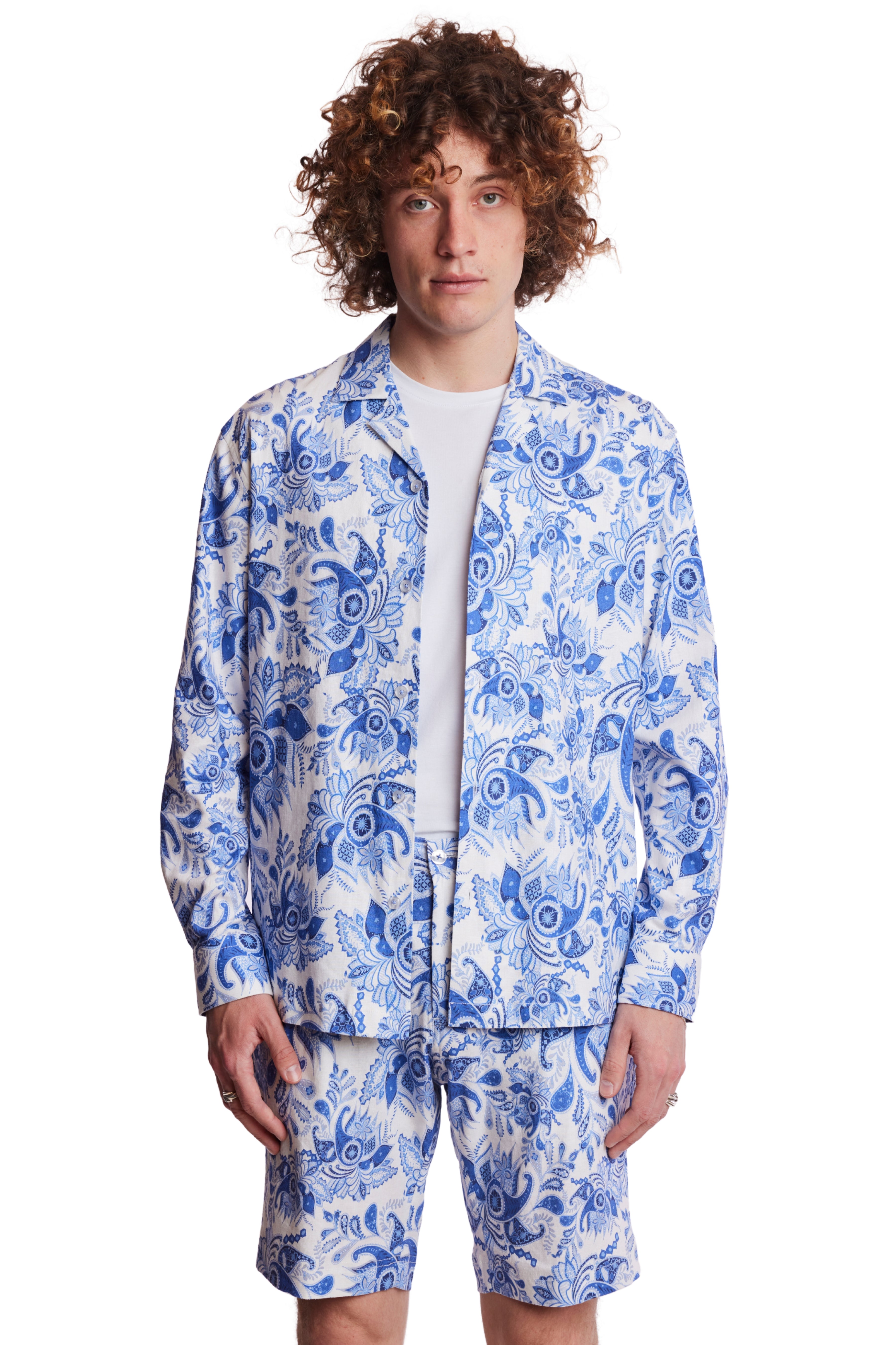 L/S Camp Collar Shirt - Indigo White Paisley