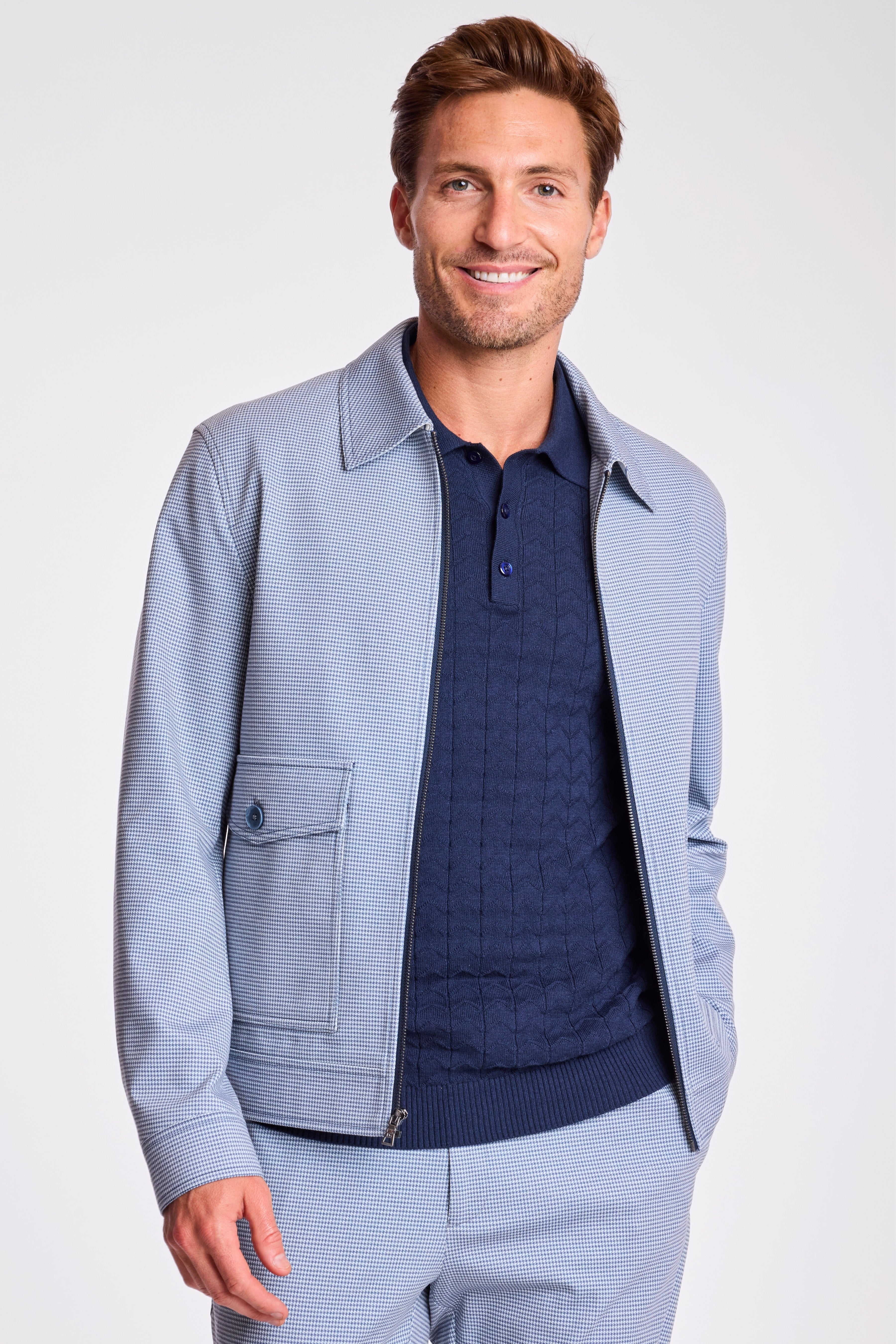 Milo Zip Front Jacket - slim - Navy Knit Houndstooth