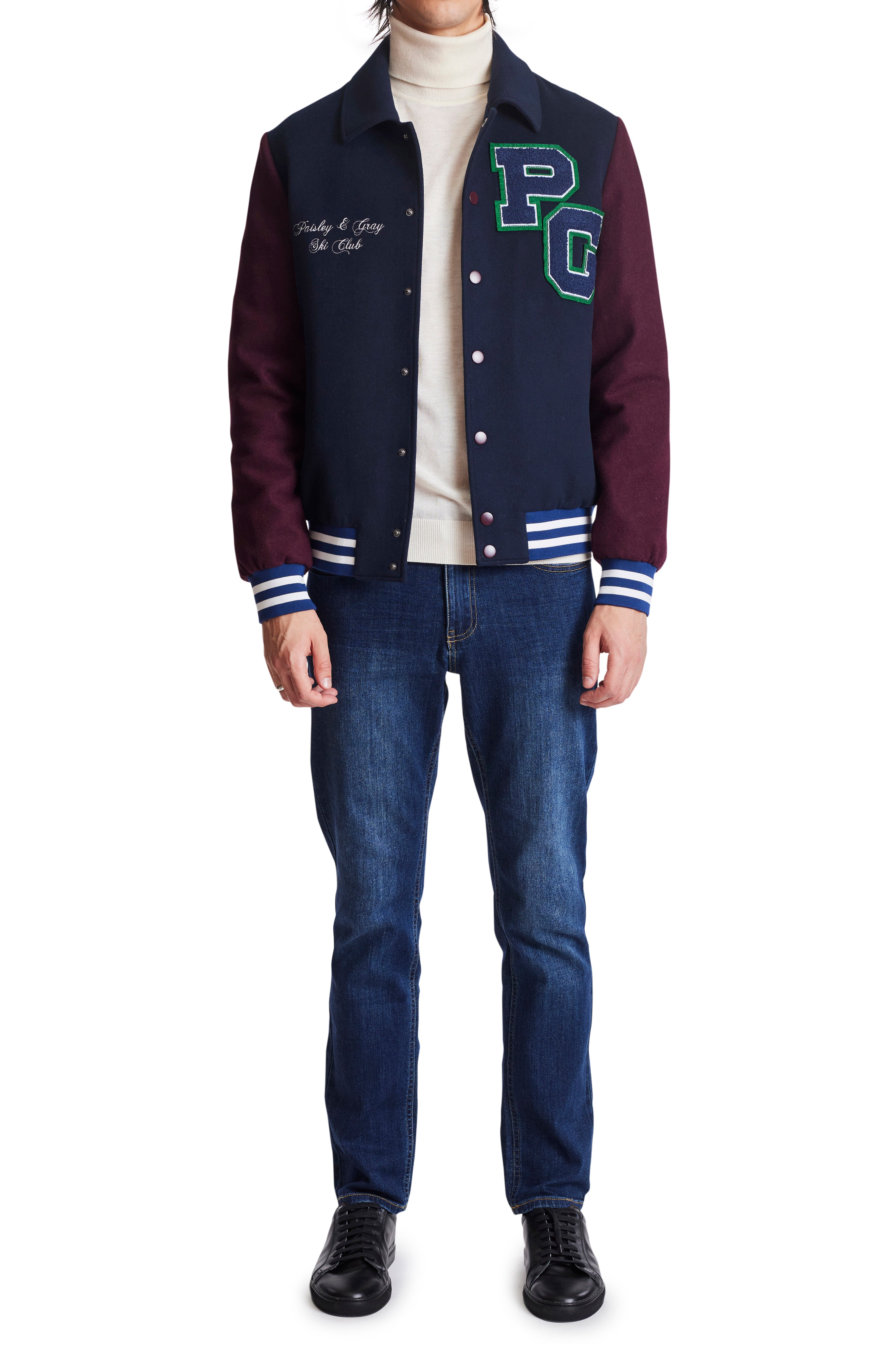 Ski Club Down Varsity Jacket - Navy Burgundy