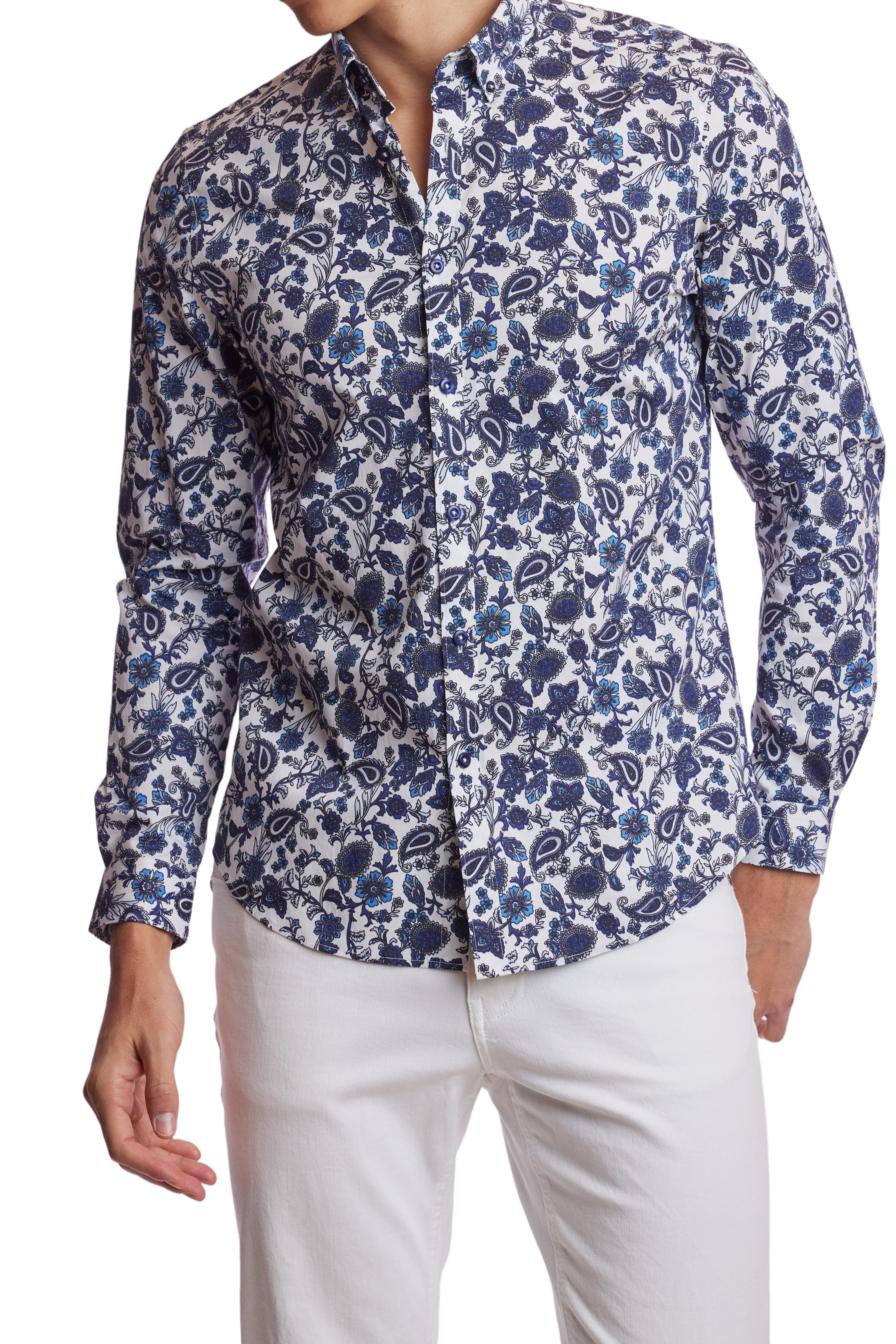 Brian Button Down Shirt - White Indigo Paisley