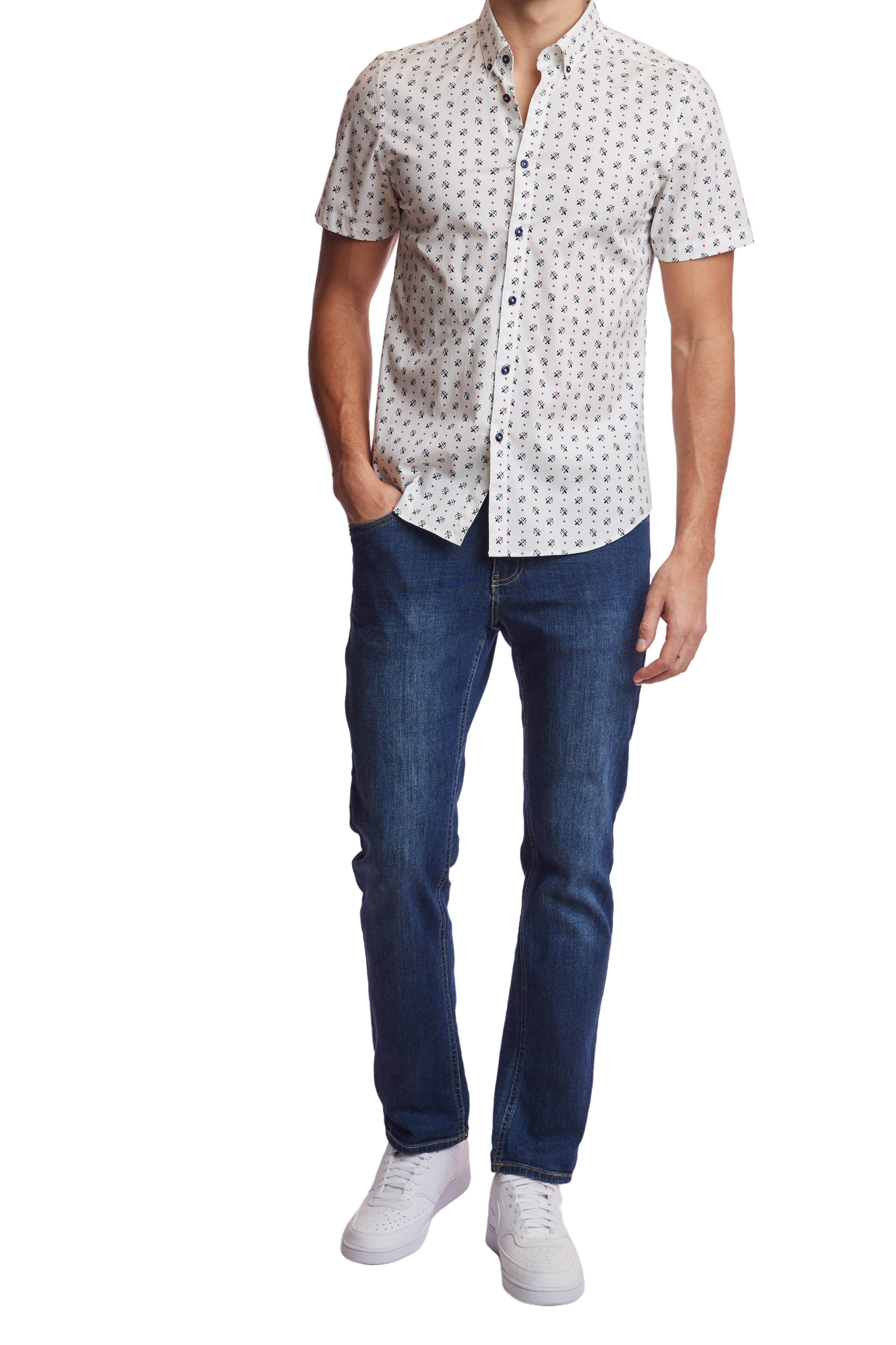 Slater s/s Button Down Shirt - White Fleur De Lis