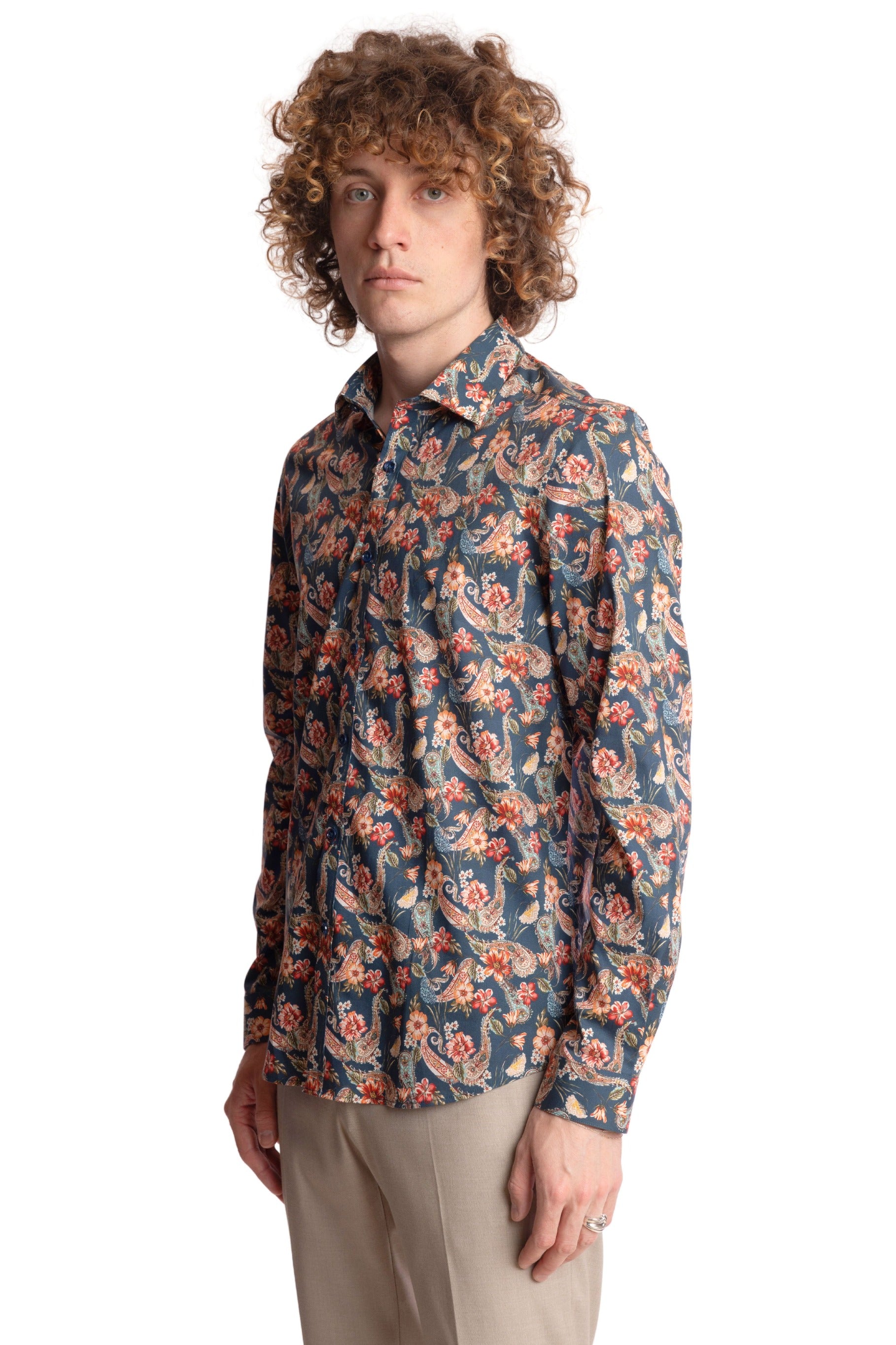 Samuel Spread Collar Shirt - Teal Peach Paisley