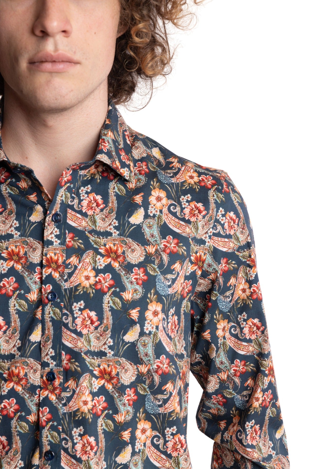 Samuel Spread Collar Shirt - Teal Peach Paisley