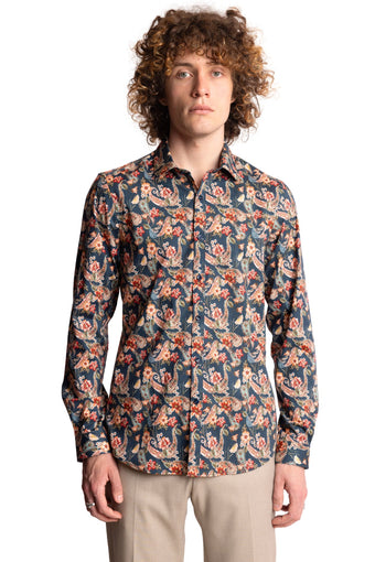 Samuel Spread Collar Shirt - Teal Peach Paisley