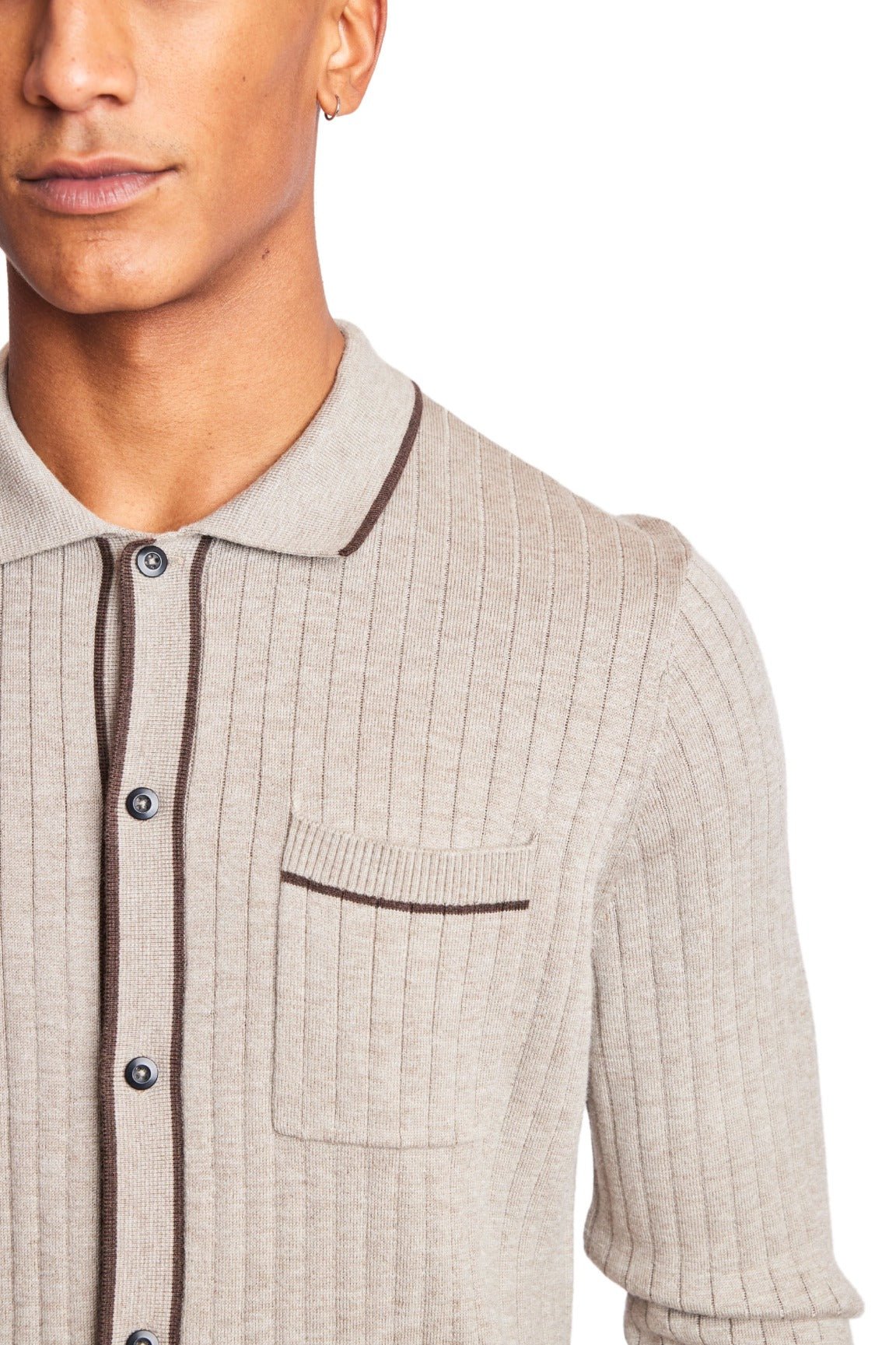 L/S Full Button Tipped Polo - Oatmeal