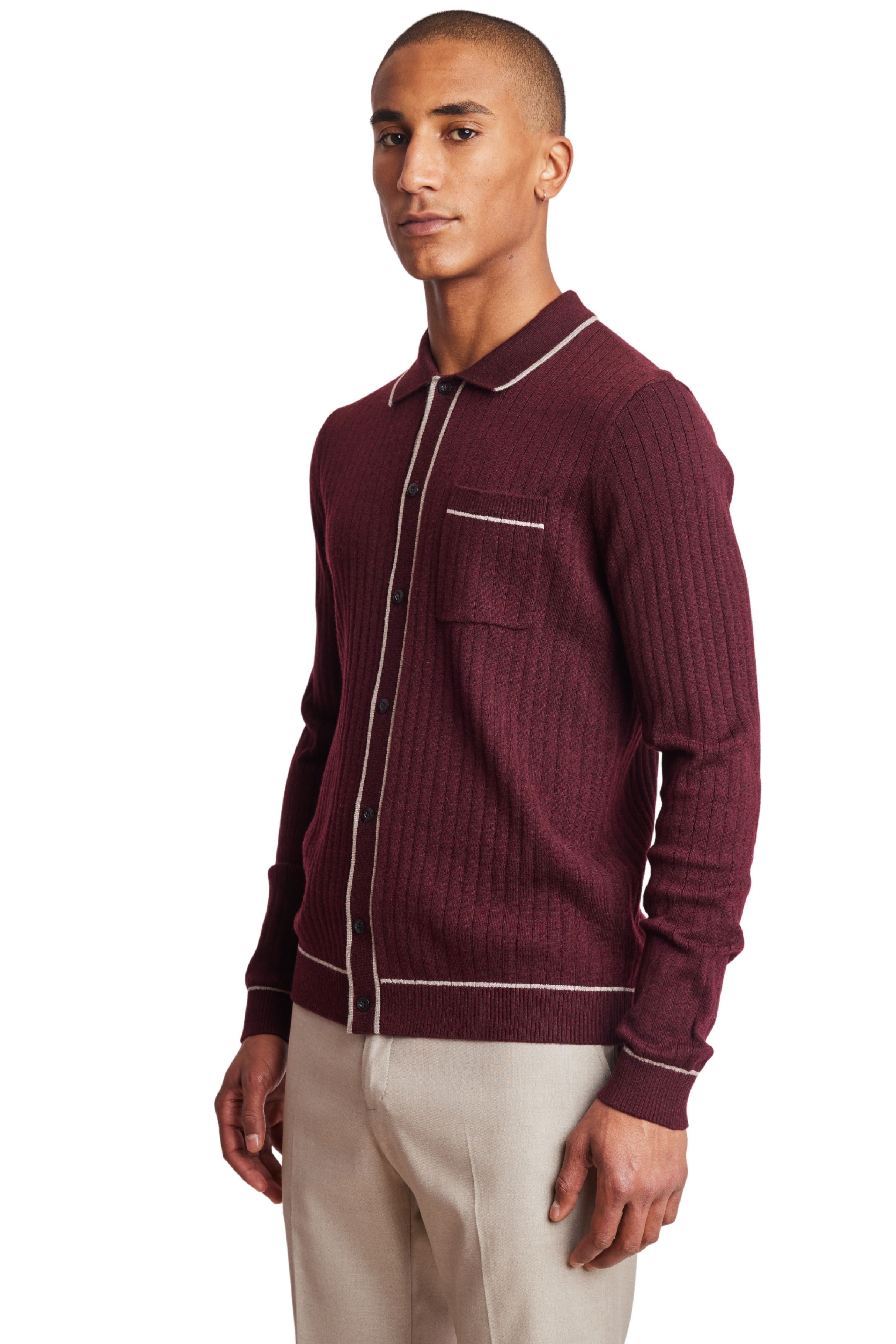 L/S Full Button Tipped Polo - Malbec