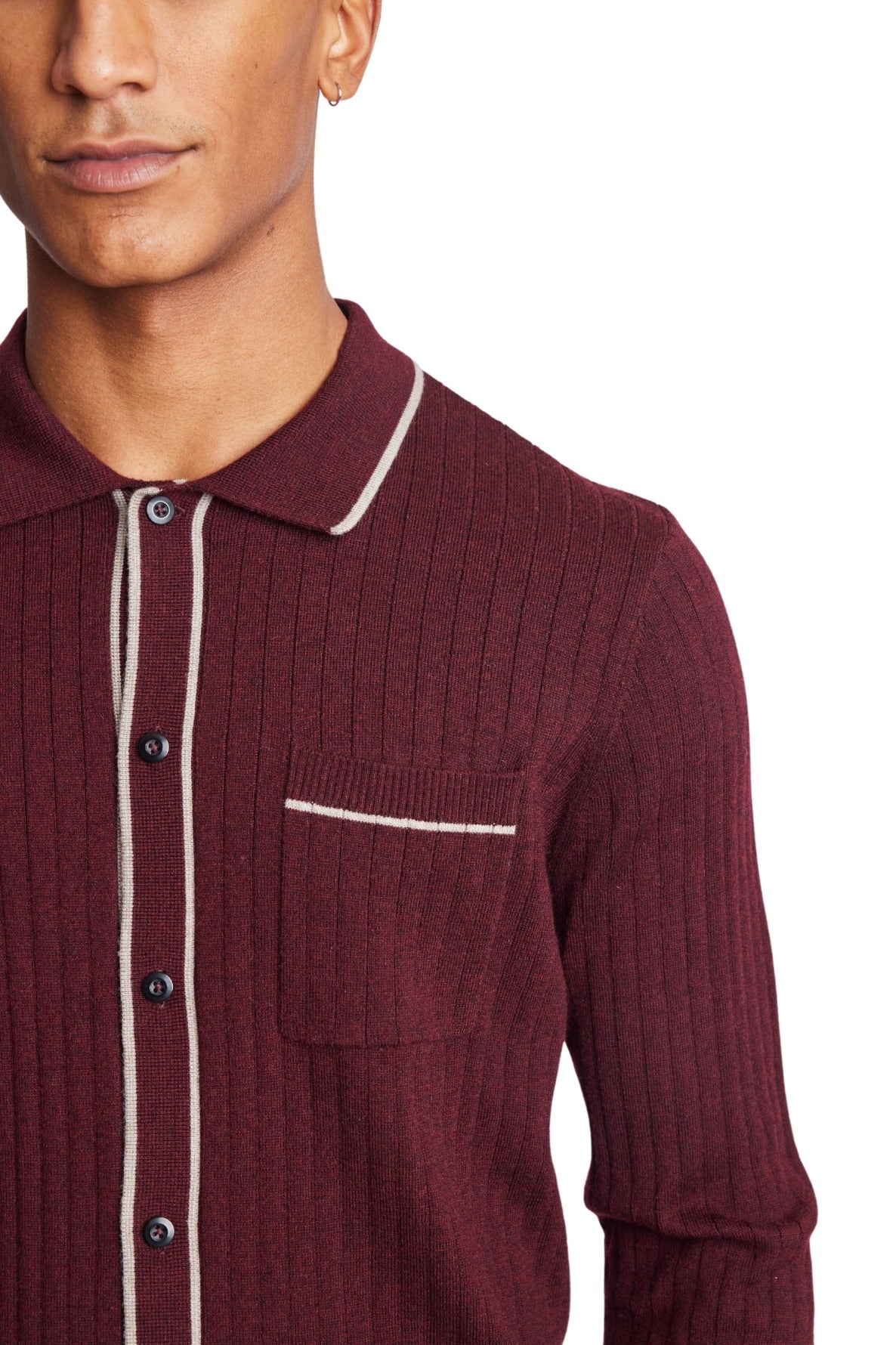 L/S Full Button Tipped Polo - Malbec