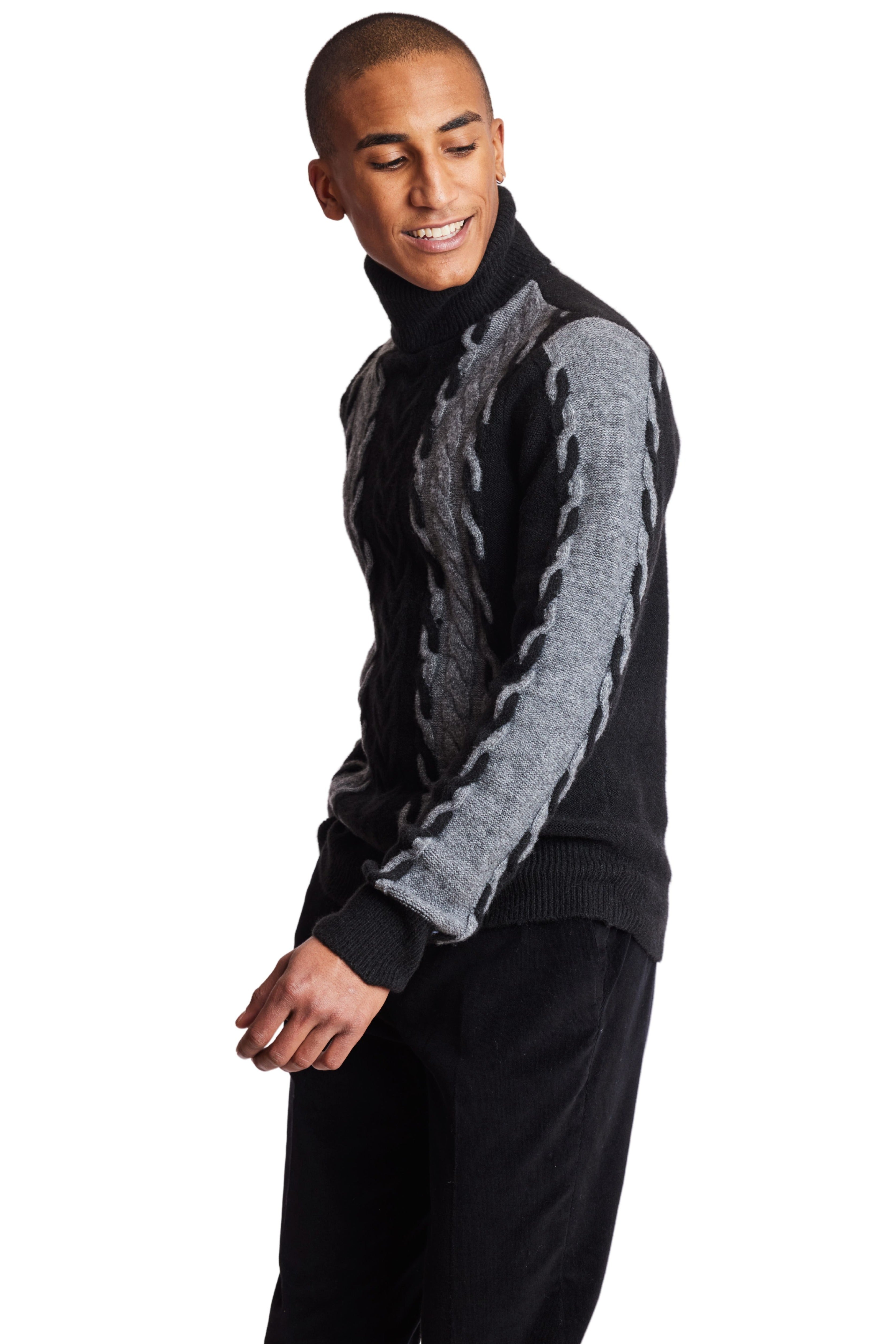 Fuzzy 2 Tone Cable Turtleneck - Onyx Grey