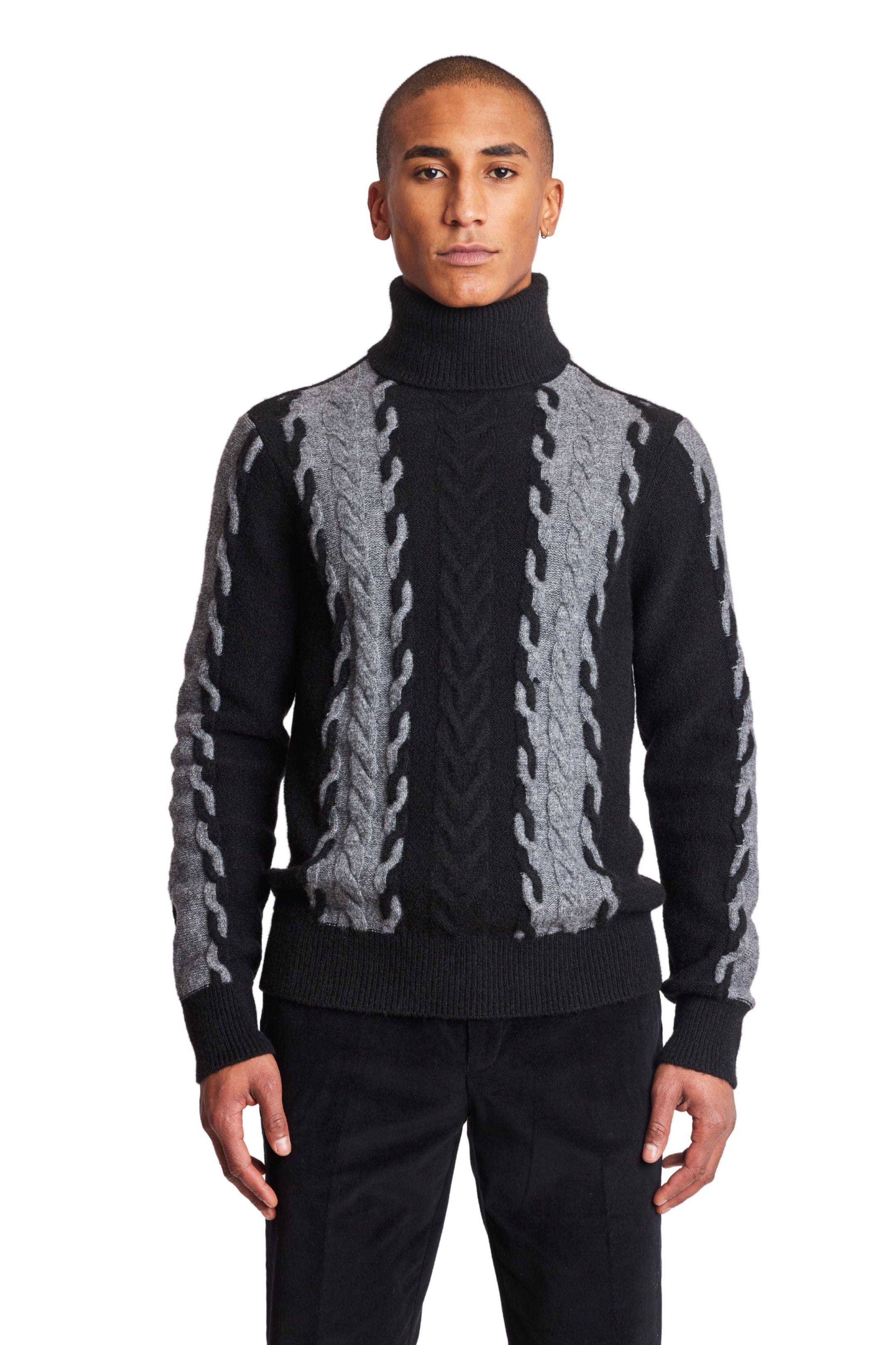 Fuzzy 2 Tone Cable Turtleneck - Onyx Grey